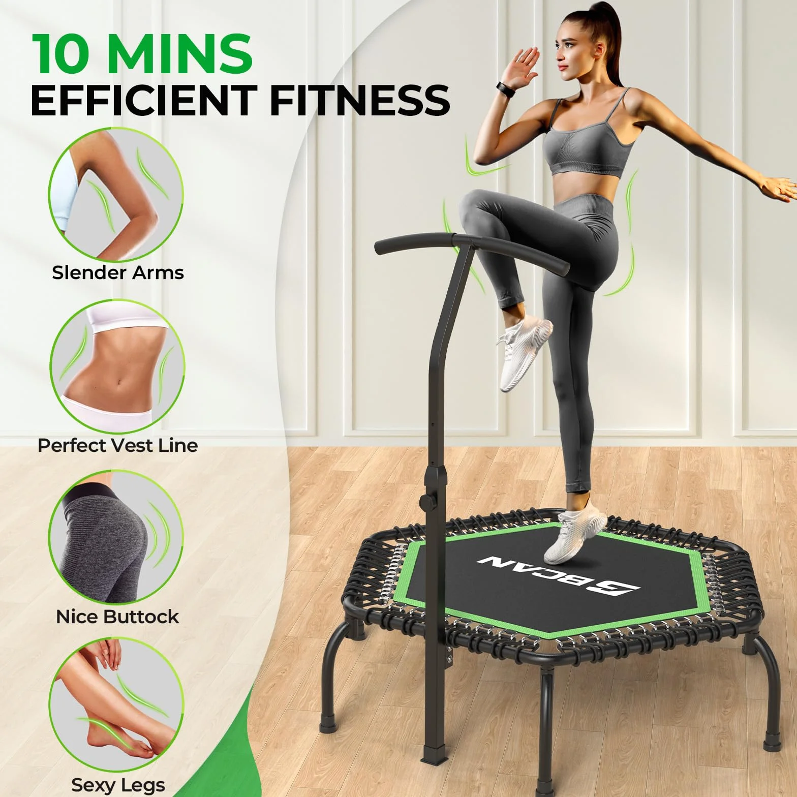 Trampolina wewnętrzna BCAN Fitness, średnica 102/122 cm, mini trampolina bungee/sprężynowa, odpowiednia dla osób dorosłych o wadze do 204/250 kg, z regulowanymi uchwytami, cicha i niskowibracyjna.