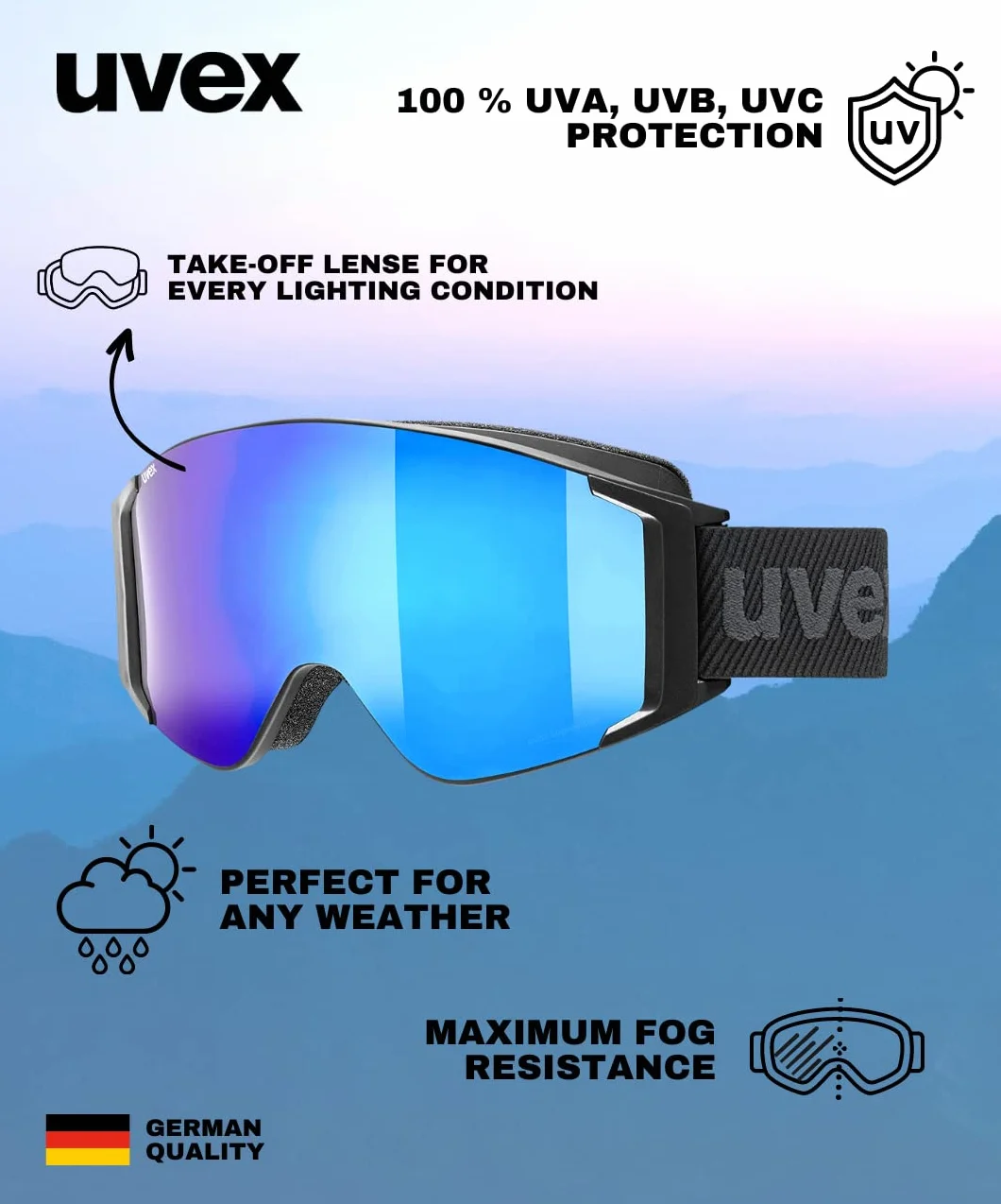 uvex g.gl 3000 TO - gogle narciarskie unisex - z wymienną szybką - powiększony zakres widzenia bez efektu zaparowania - black matt/blue-lasergold lite - one size