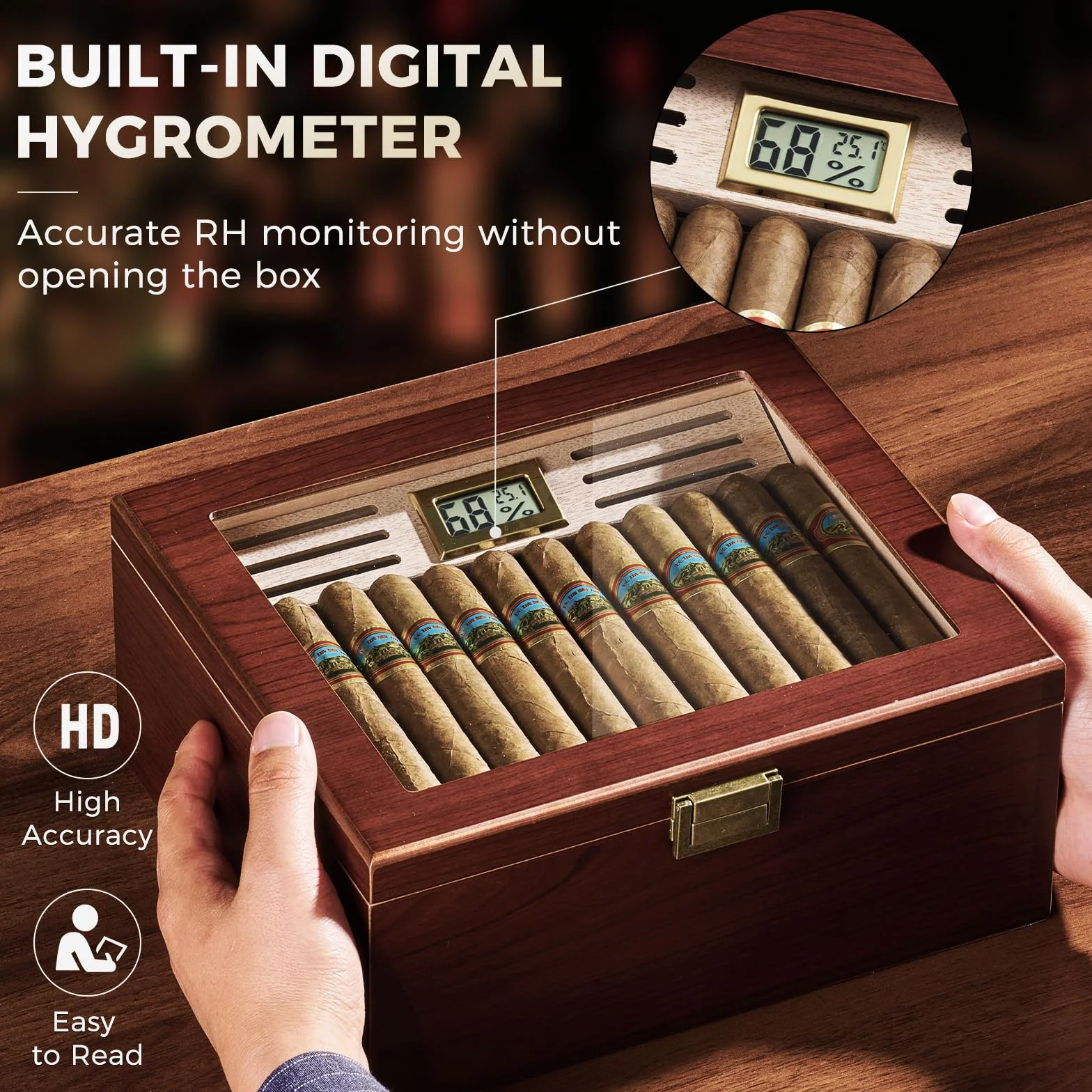 ProCase Humidor do cygar z drewna, z nawilżaczem powietrza, podszewką z drewna cedrowego, szklanym blatem, cyfrowym higrometrem, duży, brązowy