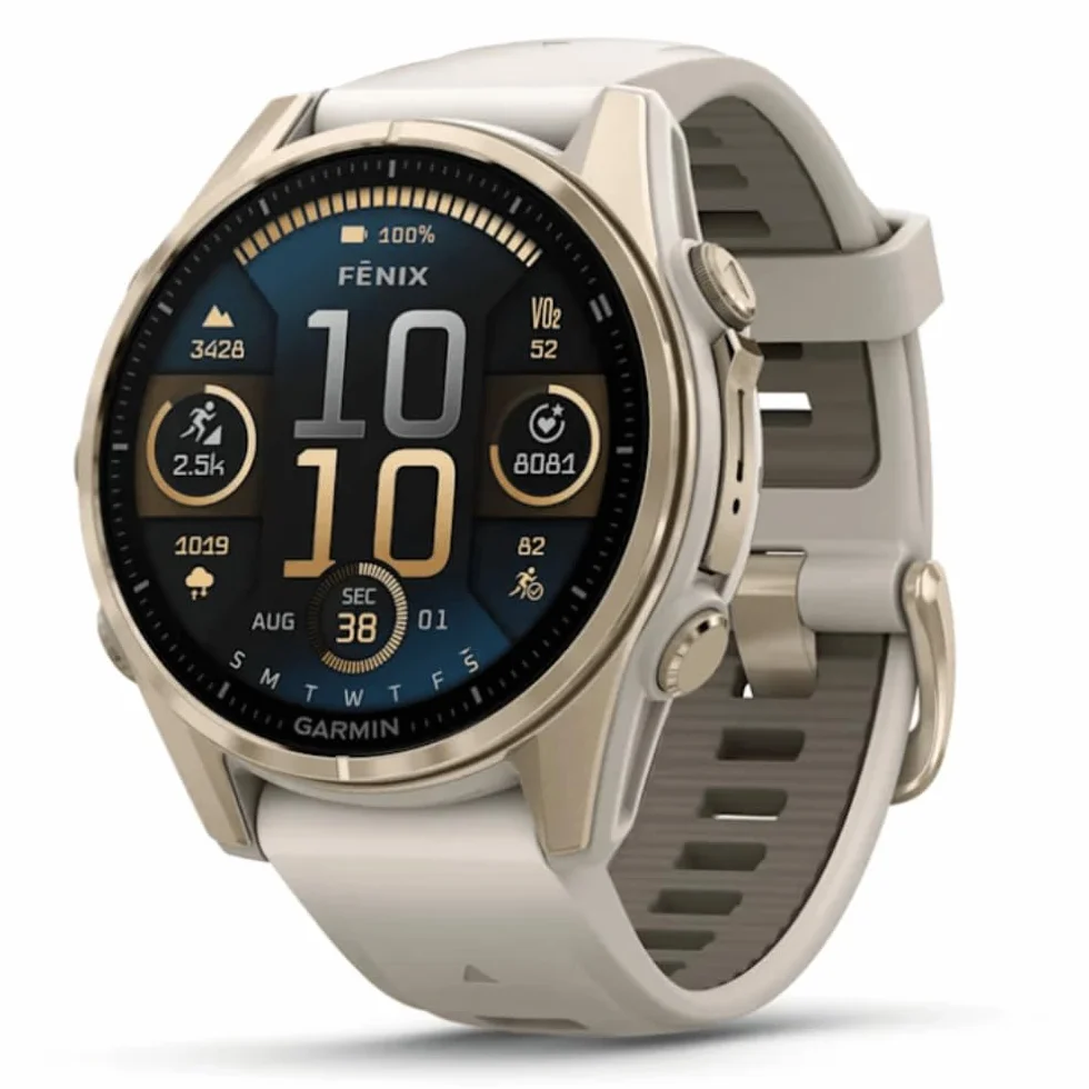 GARMIN FENIX 8-43 mm, AMOLED, SZAFIRA MIĘKKIE ZŁOTO Z SZARYM ŚMIGĄGŁYM/CIEMNYM PASEM SILIKONOWYM