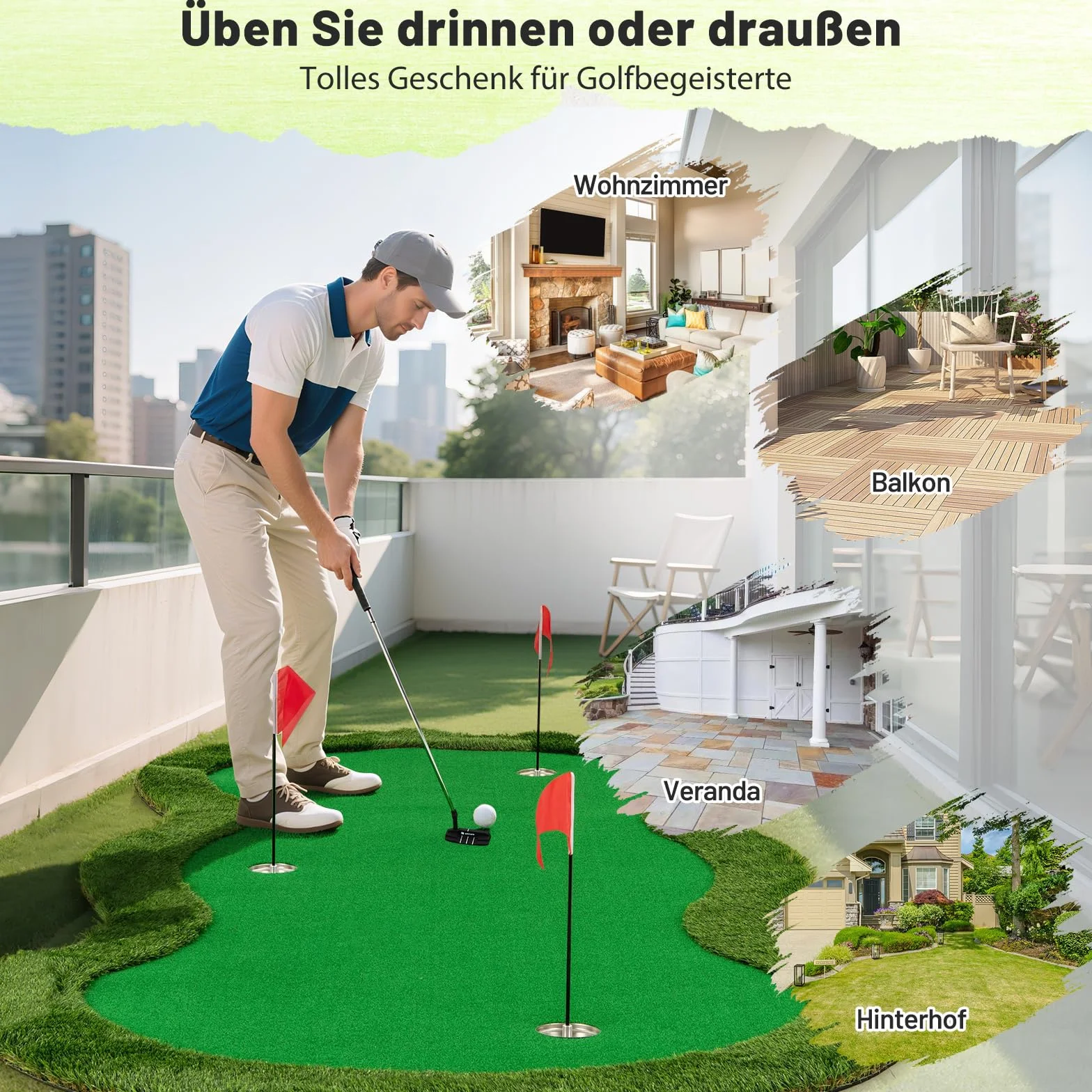 COSTWAY mata do ćwiczeń golfowych 300x150 cm 3 otwory z piłkami