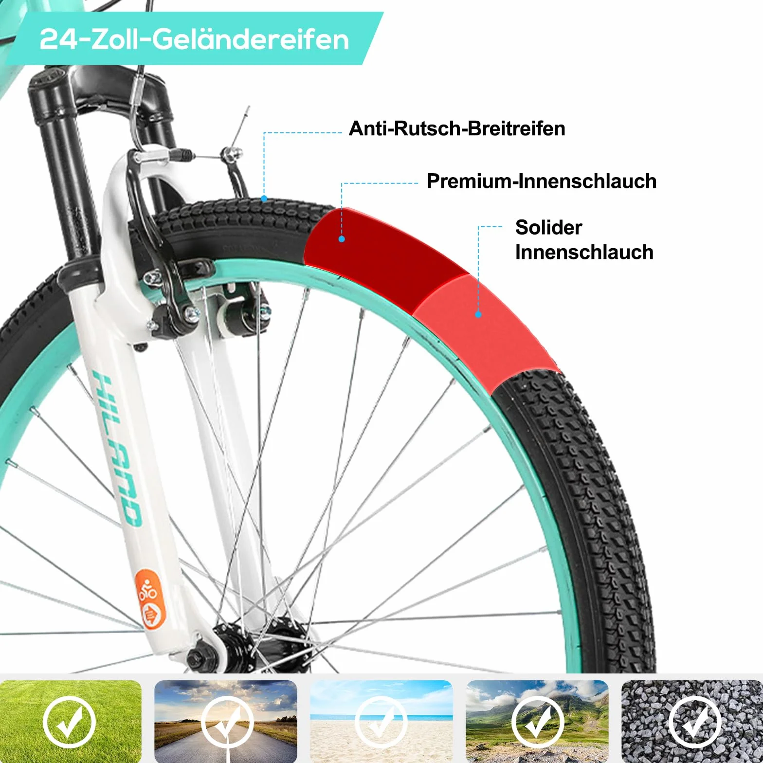 Hiland Climber rower dziecięcy, 24", 7-biegowy hamulec V-Brake, rower górski, młodzieżowy MTB z widelcem amortyzowanym, rower górski dla chłopców i dziewczynek