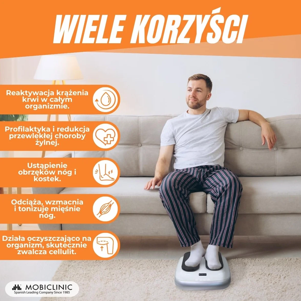 Mobiclinic, Trener nóg, Elektryczne, Legfit, Marka europejska, Gimnastyka pasywna, Ćwiczenie na siedząco, Dla seniorów, Nastolatków, Z pilotem, Regulowana prędkość