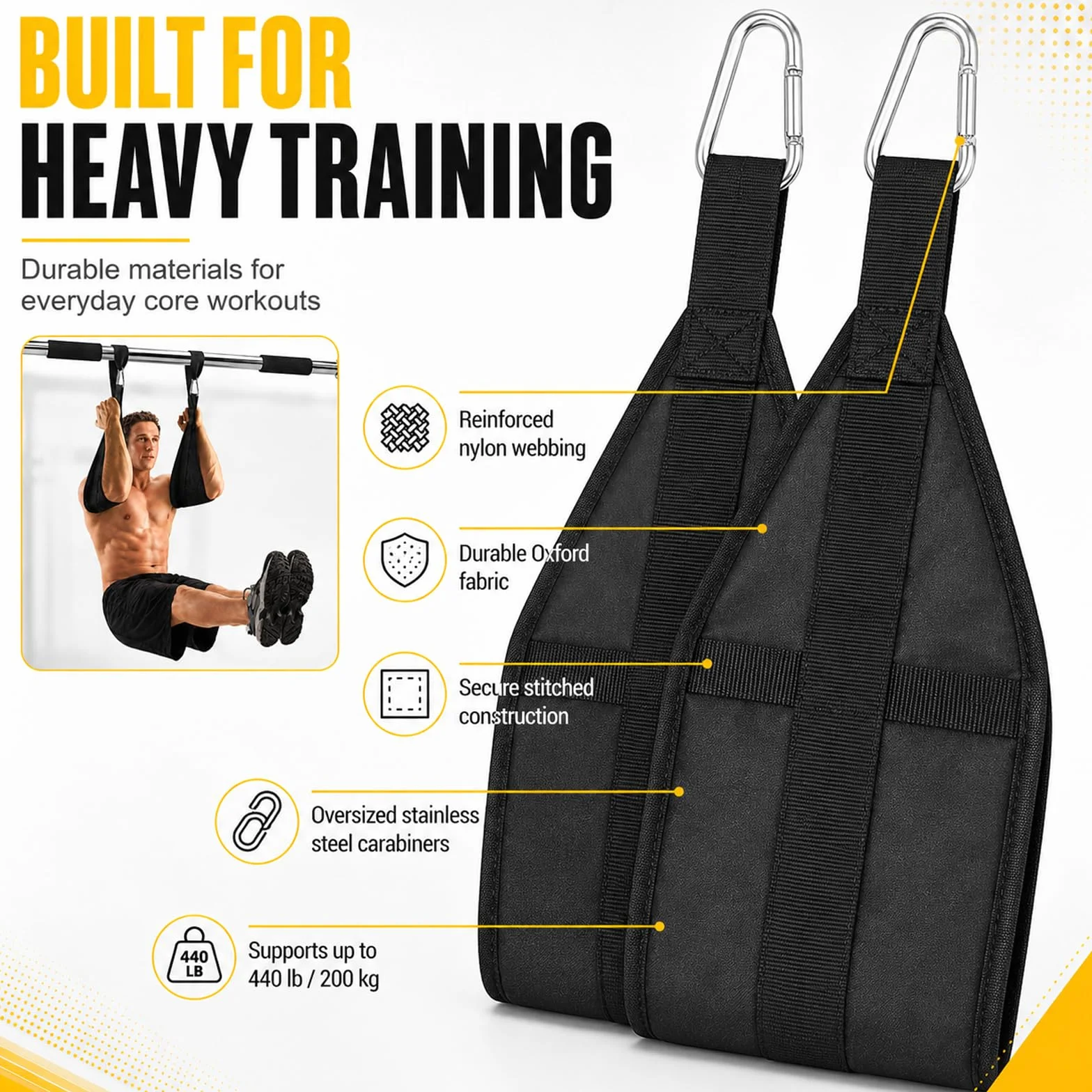 Taeku Szlufki na ramiona do treningu brzucha, 1 para, trwałe Ab Straps Slings drążek do podciągania trener brzucha, fitness do 200 kg, obciążenie do drzwi i drążka gimnastycznego (czarne)