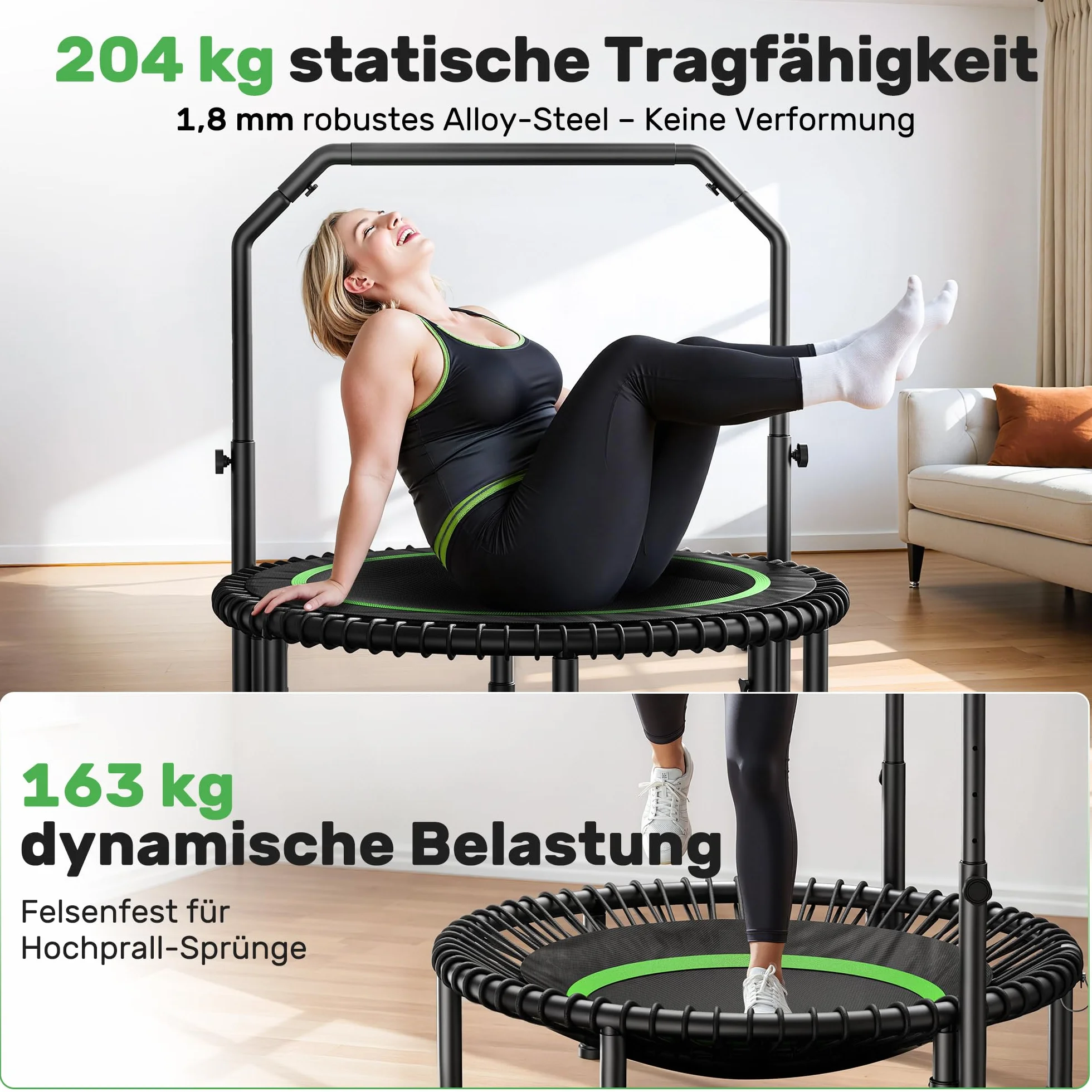 Trampolina BCAN 102/122 cm dla dorosłych, udźwig 204/250 kg, linki bungee, regulowany uchwyt, stabilna, cicha, do użytku wewnątrz/na zewnątrz, trening całego ciała, relaks w domu