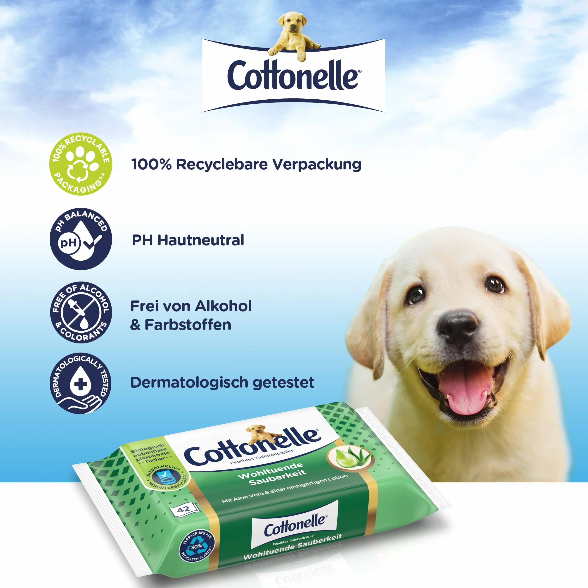Cottonelle Wilgotny papier toaletowy, kojąca czystość, z balsamem prebiotycznym, biodegradowalny, nie zawiera plastiku, możliwość ponownego zamknięcia, 12 x 42 chusteczki nawilżane