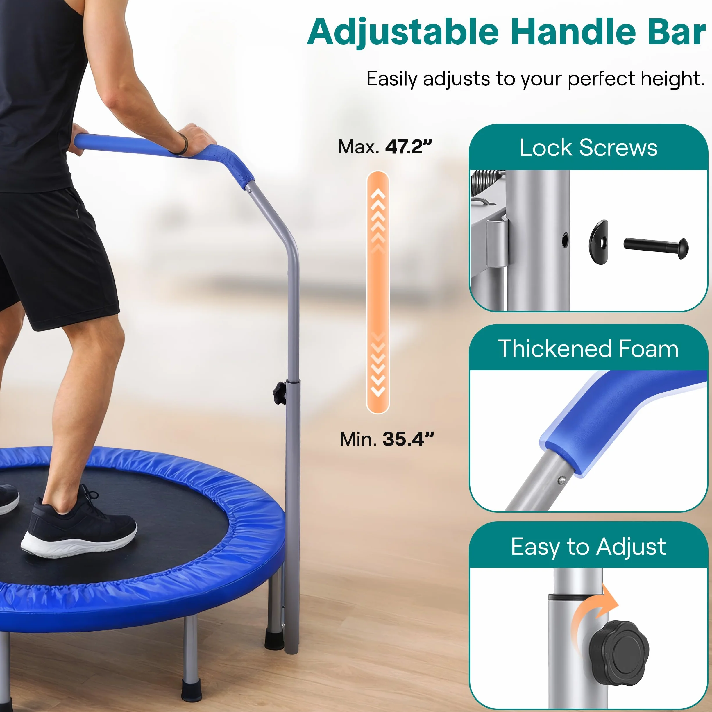 SereneLife Przenośna i składana trampolina – 100 cm mini rebounder w domu z regulowaną poręczą, do ćwiczeń fitness