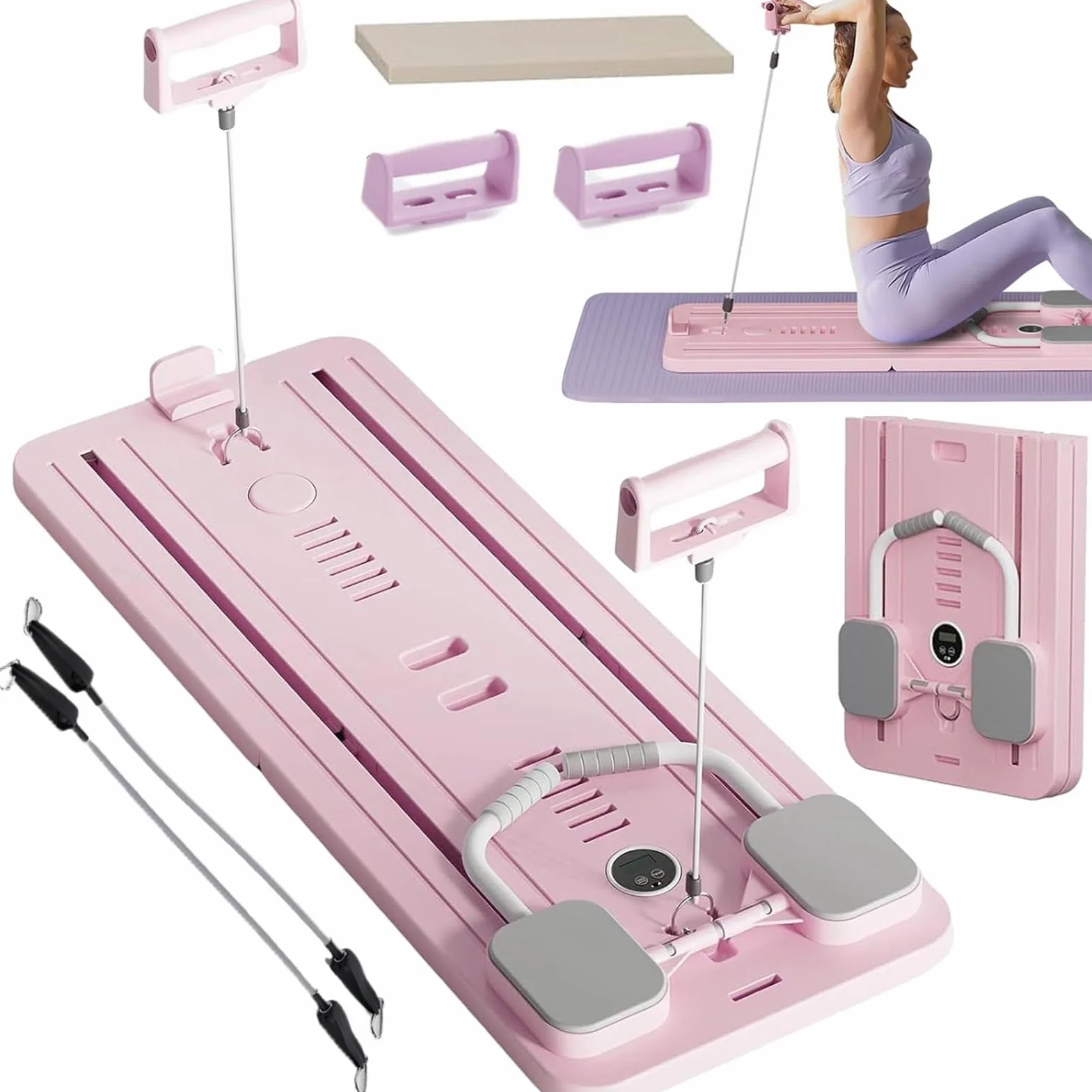 Pilates Reformer Machine Board Set Ab Roller Koło do ćwiczeń Automatyczne odbijanie składana deska do pilatesu Sprzęt do ćwiczeń brzucha z liną oporową i timerem(Różowy bez Uchwytu)