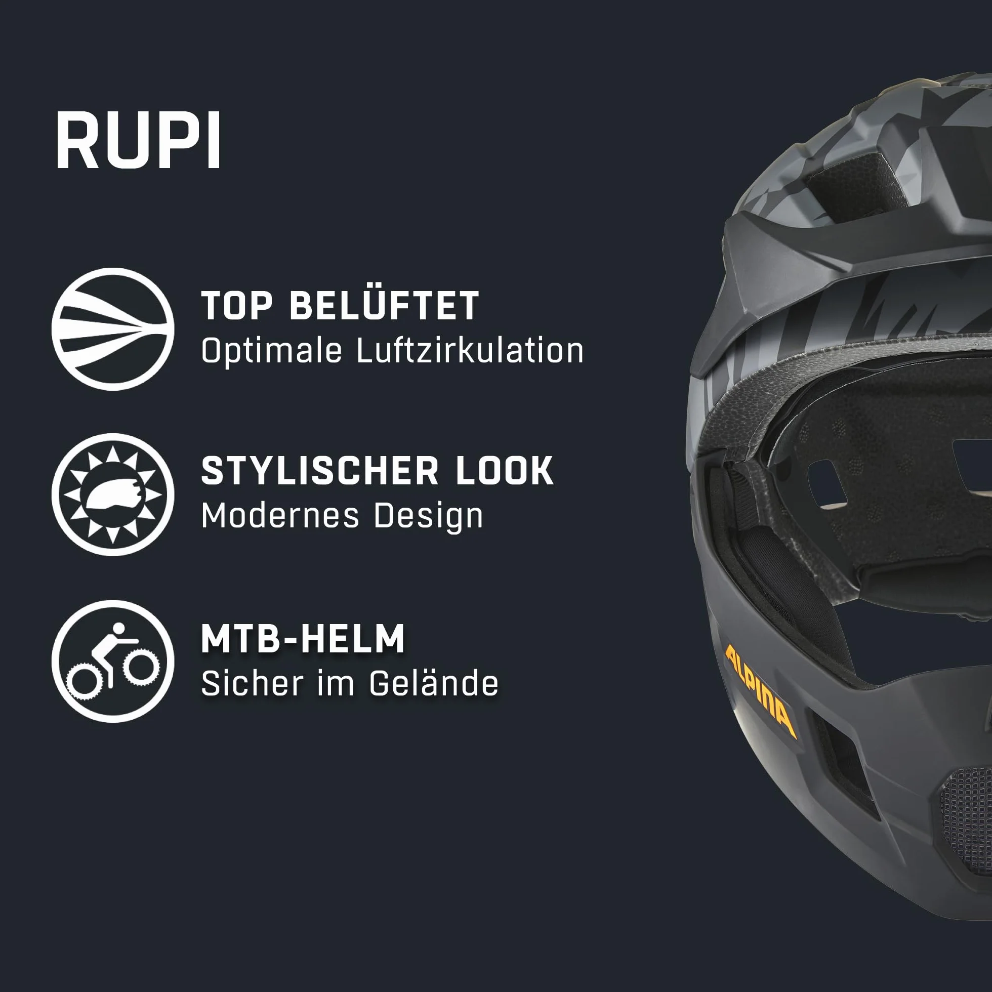 ALPINA RUPI, black-camo orange matt, 50-55 cm, fullface kask dla dzieci, optymalna ochrona i bezpieczeństwo, indywidualnie dopasowany