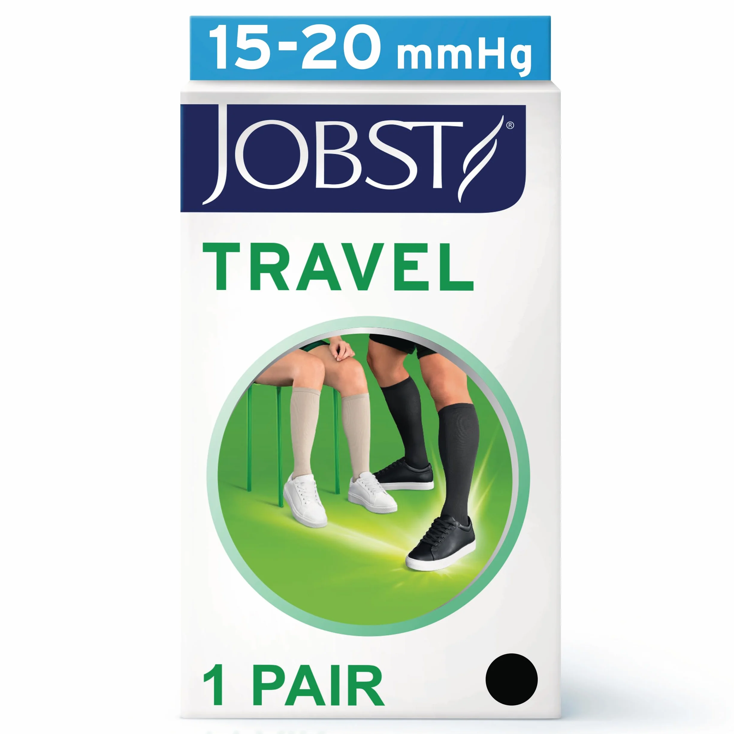 JOBST Podróżne pończochy podróżne dla kobiet i mężczyzn – pomagają zapobiegać zakrzepicy podróżnej – miękkie, oddychające dzięki 33% zawartości bawełny, czarne, rozmiar 4
