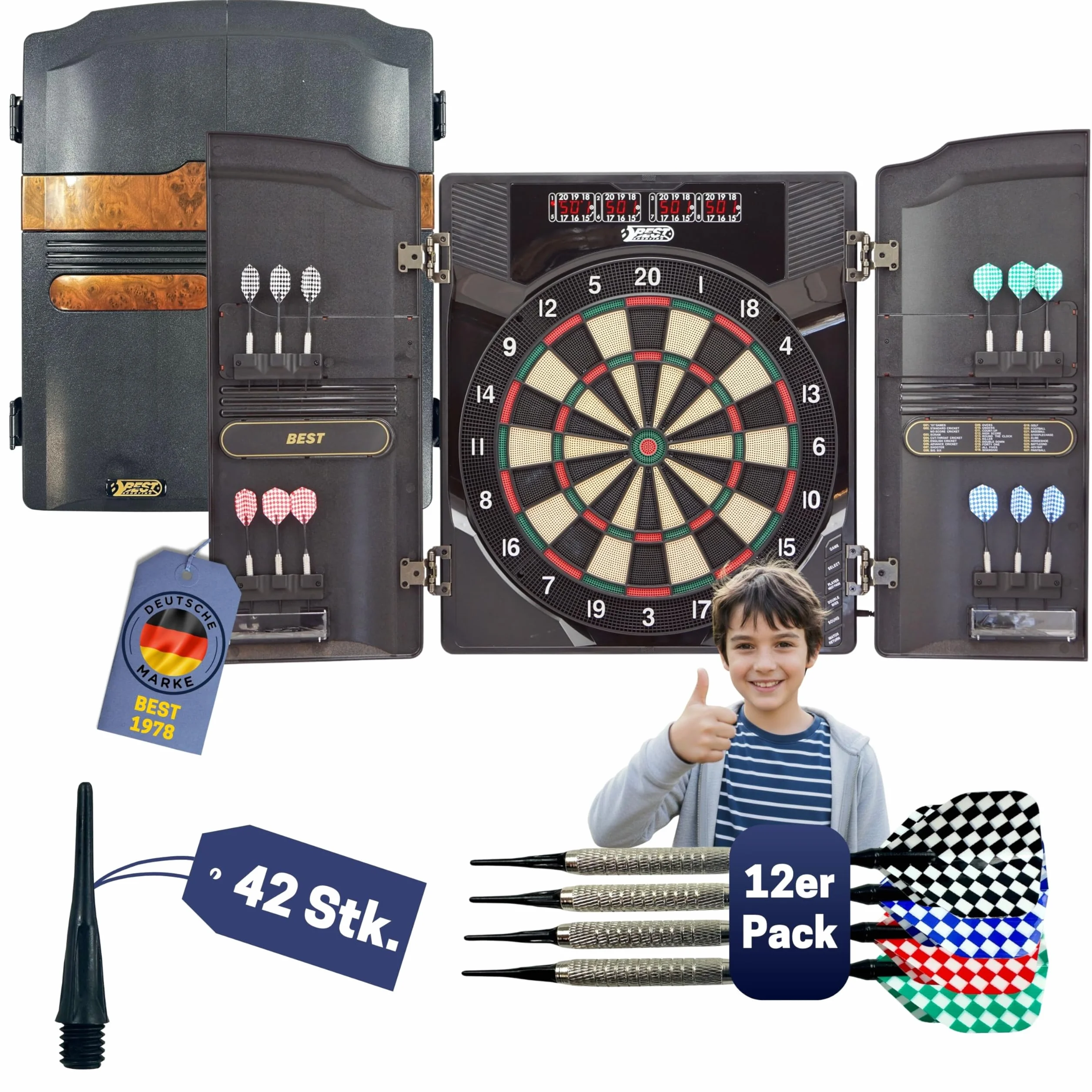 Best Sporting elektroniczna tarcza do darta Oxford 2.0 I elektroniczna tarcza do darta ze wskaźnikami LED I tarcza do darta z 12 rzutkami i zapasowymi końcówkami, szafka o wyglądzie orzecha włoskiego