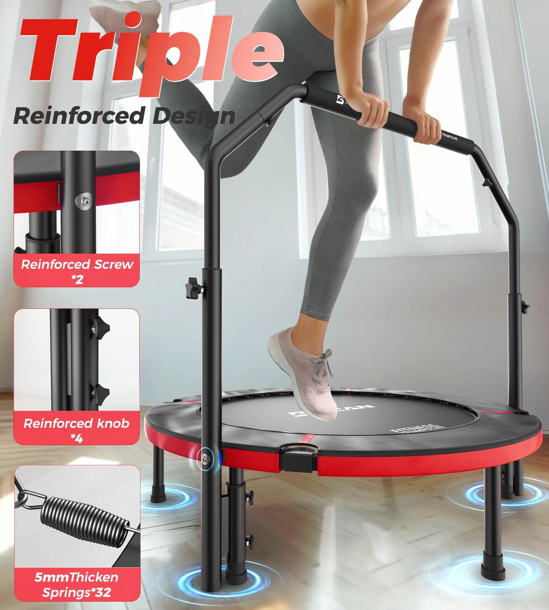 BCAN Trampolina do wnętrz, 102 cm Trampolina do skakania Fitness, składana, nośność 150 kg, wzmocniona sprężyna, regulowany uchwyt z wyściółką piankową, odpowiednia dla dorosłych i dzieci