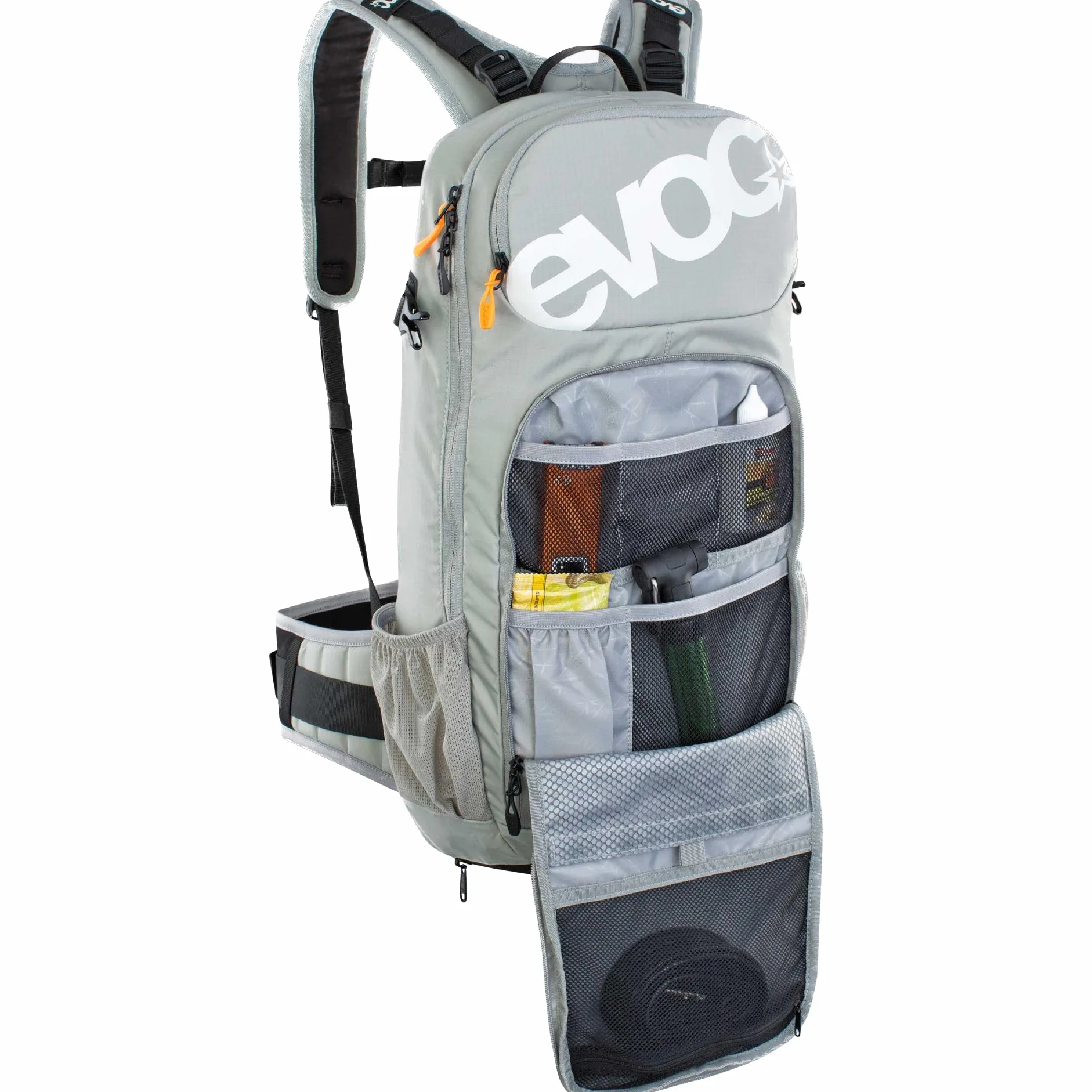 Plecak rowerowy EVOC FR ENDURO 16, plecak na wycieczki rowerowe (LITESHIELD BACK PROTECTOR 95%, uchwyt na kask, ochraniacze, komora na narzędzia, komora na bukłak 3l, rozmiar: M/L), kamienno-szary