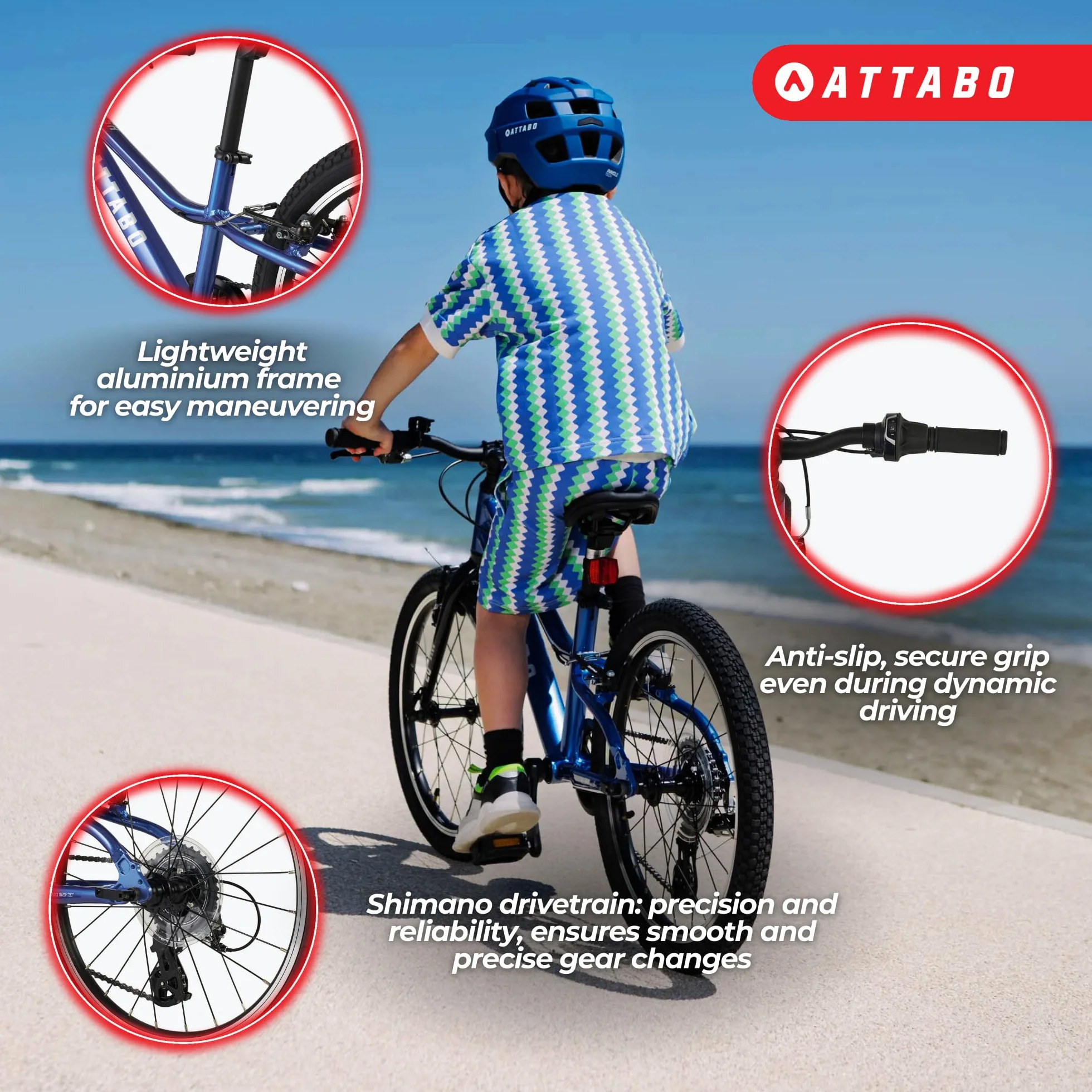 ATTABO Rash 20 rower dziecięcy (5–9 lat), lekka aluminiowa rama, koła 20", 8-biegowa przerzutka Shimano od 110 do 135 cm, ergonomiczny, stabilny i wszechstronny