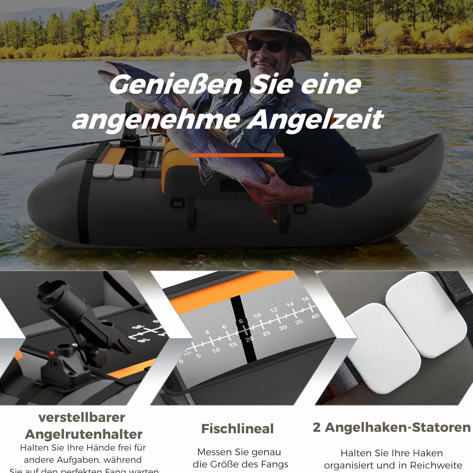 GOPLUS Bellyboot, Belly Boat do 150 kg, nadmuchiwany ponton do wędkowania, z aluminiowym wiosłem, pompką, płetwami, linijką do ryb, uchwytem na wędkę i 2 szelkami, 135 x 109 x 54 cm (ciemnoszary)