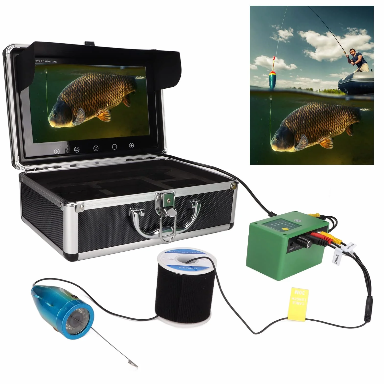 Podwodna Kamera Wędkarska 30m 10-calowy Monitor LCD 1000TVL 15 Lamp IR Wodoodporna Wykrywacz Ryb Wideo