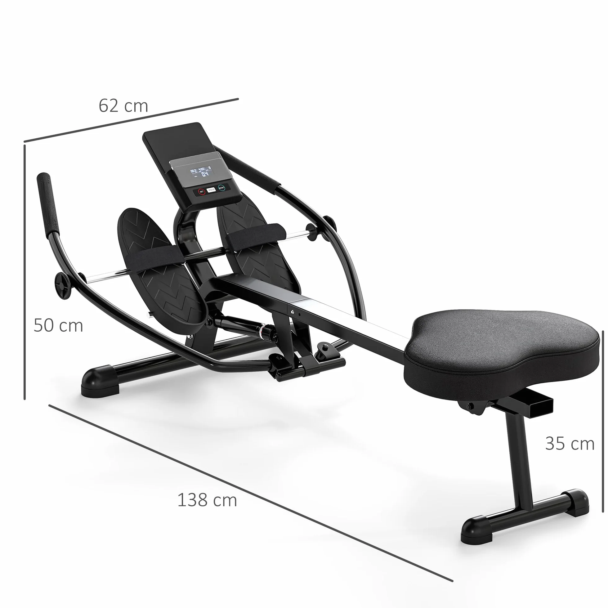 SPORTNOW Wioślarz hydrauliczny z 12 poziomami oporu Wioślarz z ekranem LCD i antypoślizgowym pedałem, maksymalne obciążenie 130 kg, trening cardio w domu, czarny