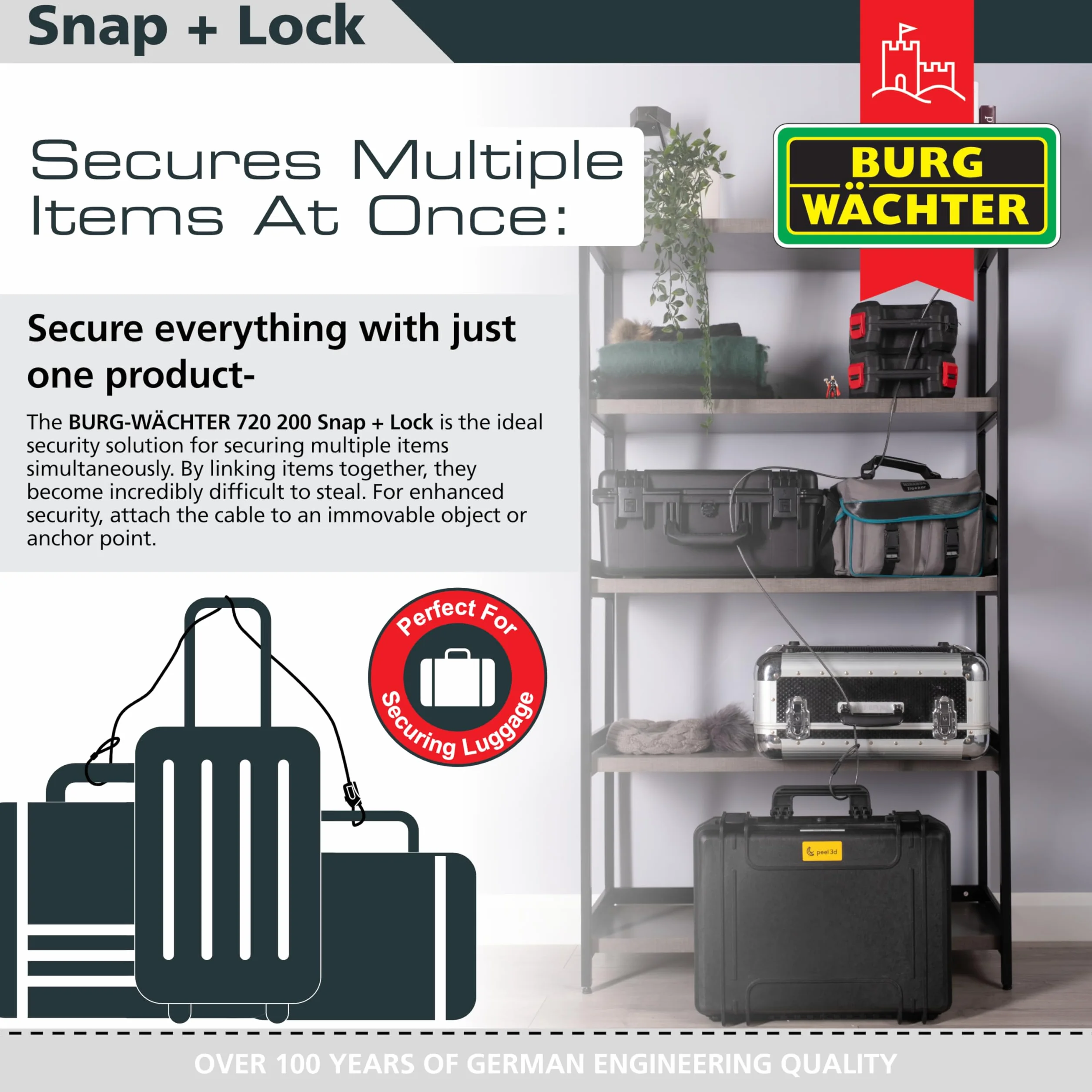 Burg-Wächter zapięcie kablowe z zamkiem szyfrowym, Snap+Lock, 2 metry, czarne