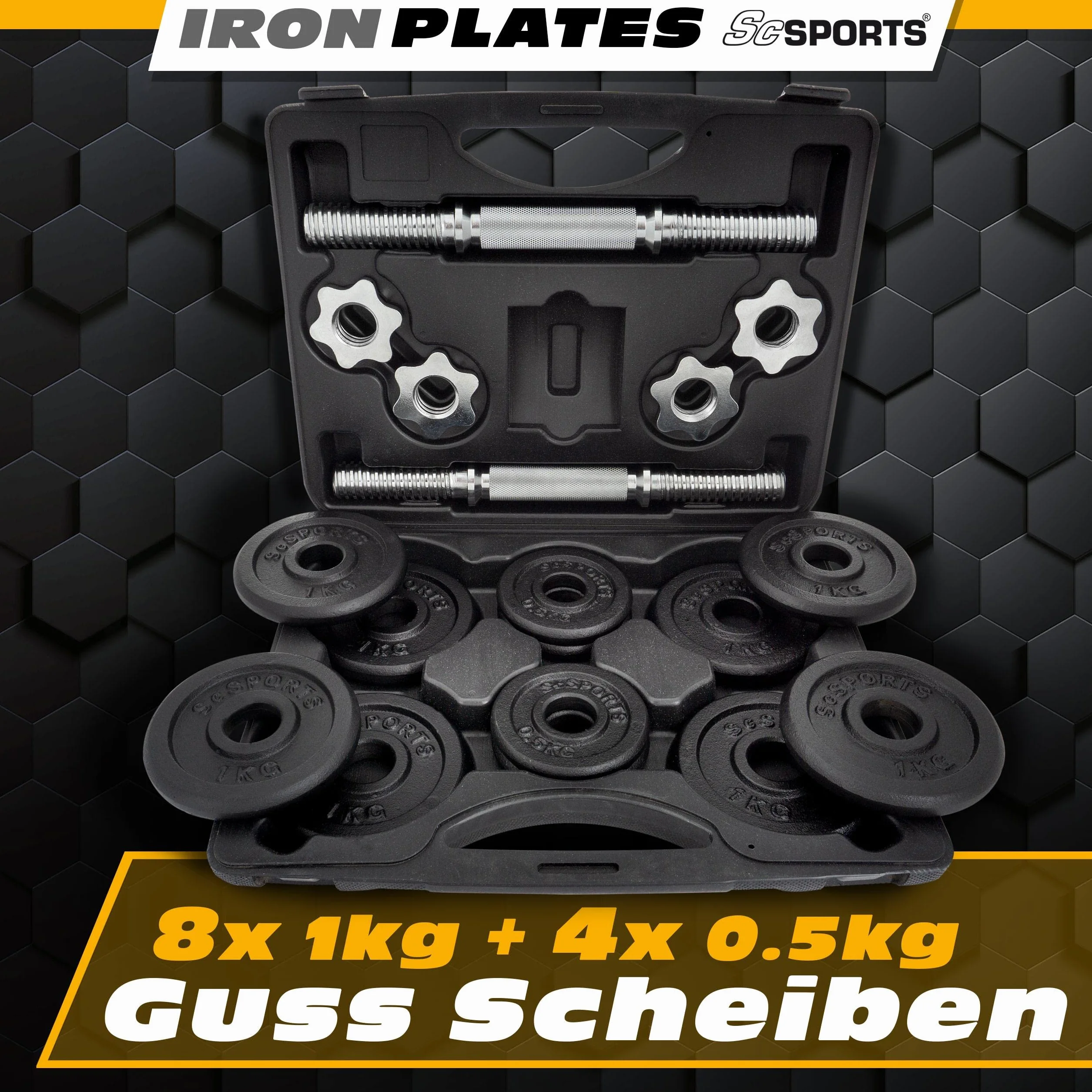 ScSPORTS® Zestaw krótkich hantli 10/15/20 kg, w zestawie talerze do sztangi, Ø 30/31 mm, żeliwo, zapięcia gwiazdowe, z walizką, z tworzywa sztucznego, czarny/srebrny – zestaw krótkich hantli, hantle
