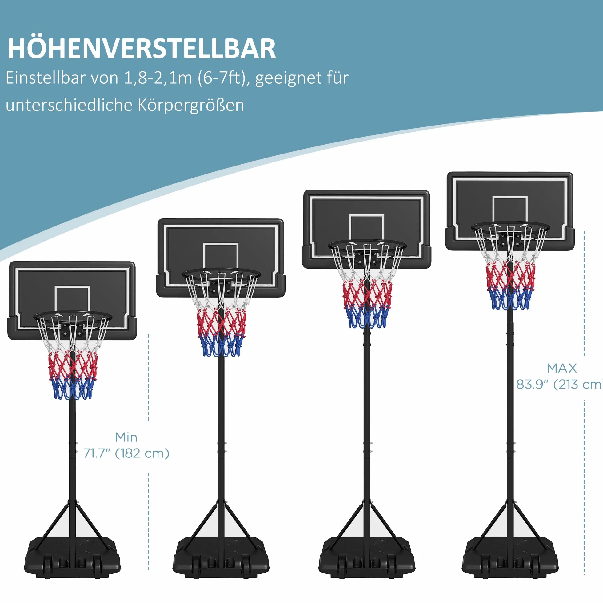 SPORTNOW Kosz do koszykówki ze stojakiem, 220-250 cm, stal, odporną na pękanie tylną ścianką