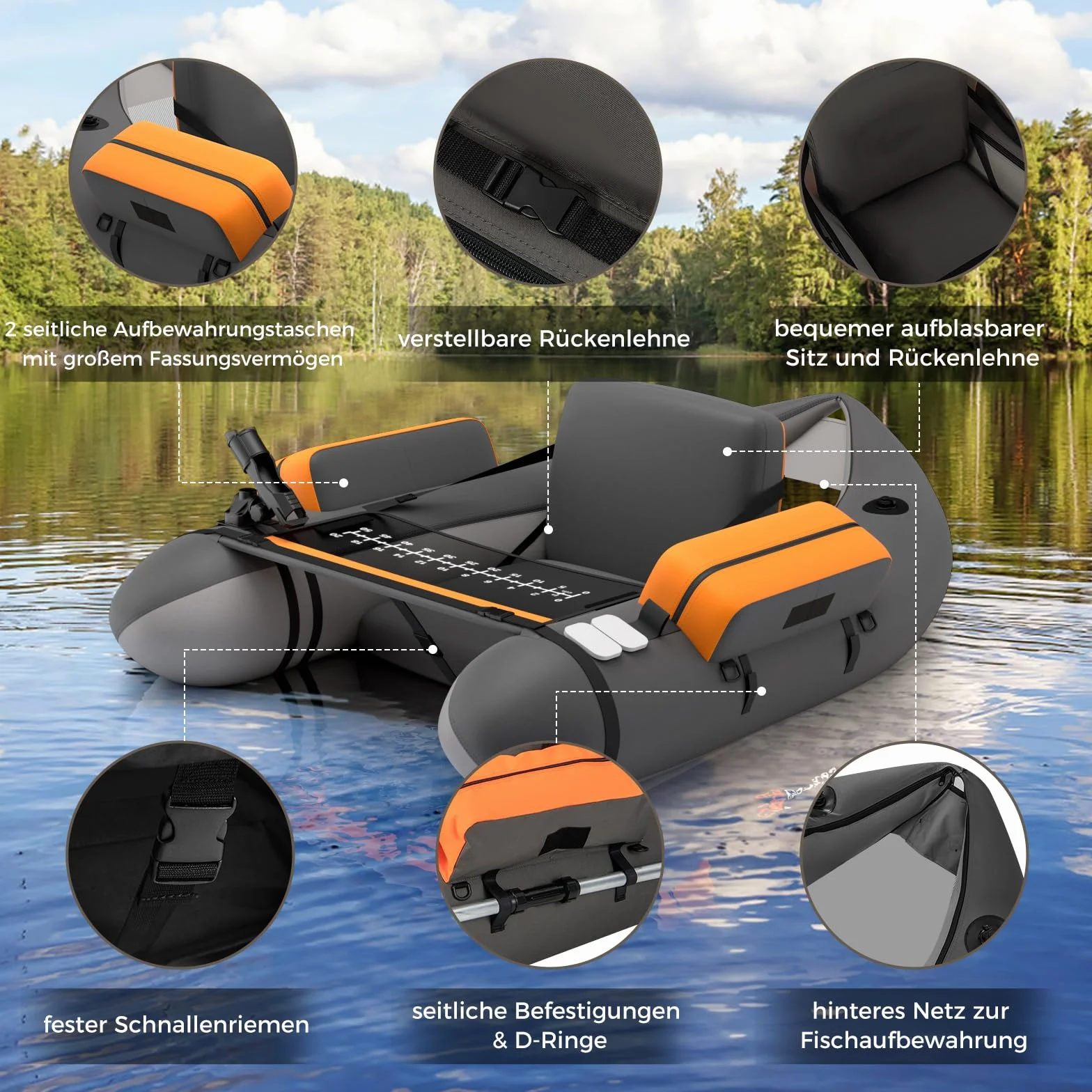 GOPLUS Bellyboot, Belly Boat do 150 kg, nadmuchiwany ponton do wędkowania, z aluminiowym wiosłem, pompką, płetwami, linijką do ryb, uchwytem na wędkę i 2 szelkami, 135 x 109 x 54 cm (ciemnoszary)