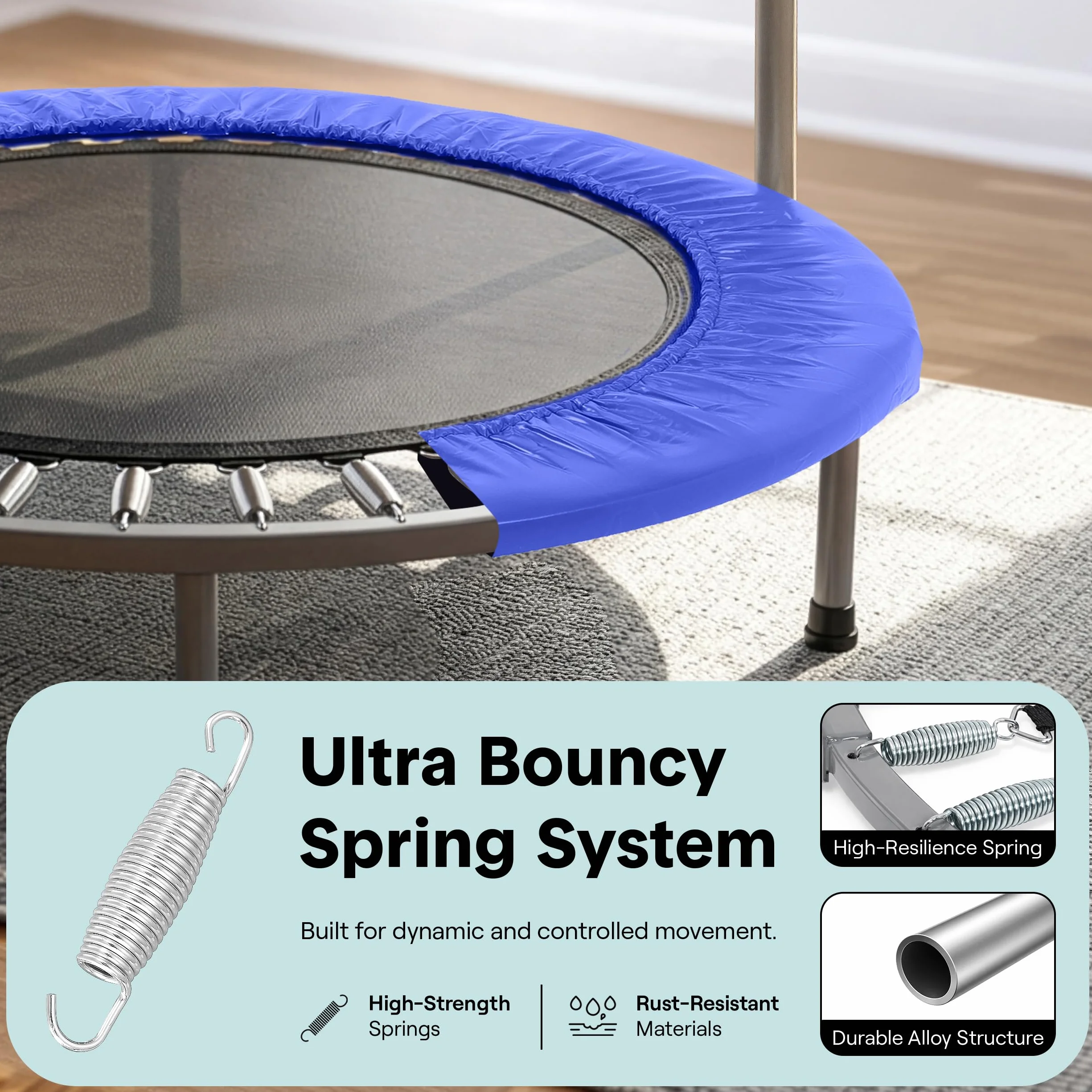 SereneLife Przenośna i składana trampolina – 100 cm mini rebounder w domu z regulowaną poręczą, do ćwiczeń fitness