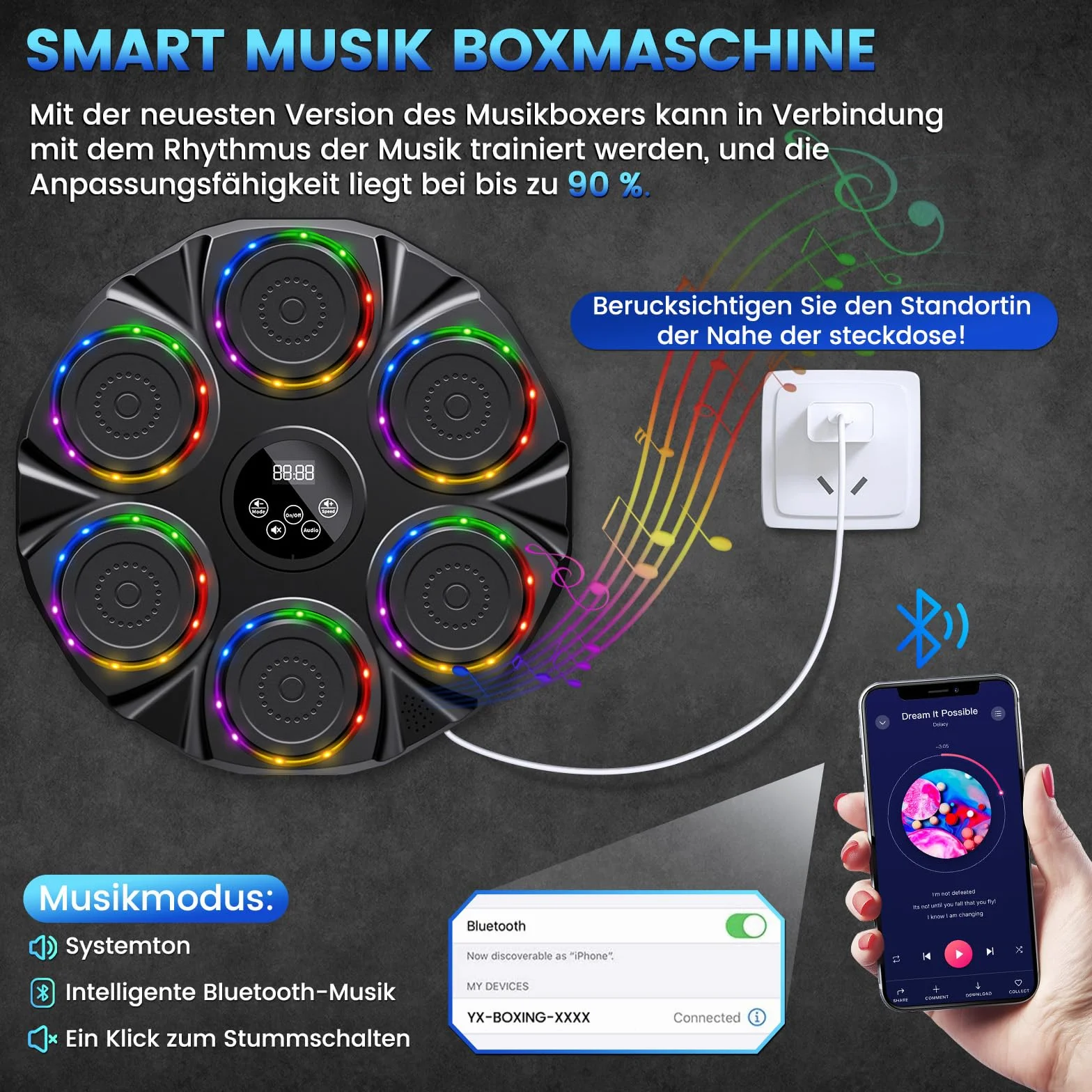 semai Music Boxing Machine, maszyna bokserska LED, montowany na ścianie, obsługuje Bluetooth, 9 trybów prędkości i tryb liczenia