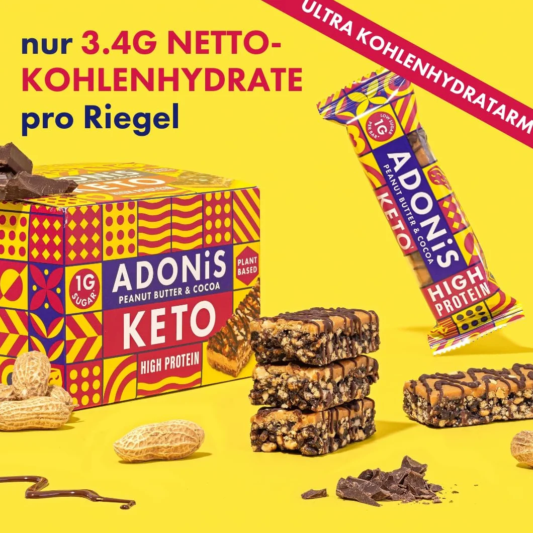 Adonis Keto Protein Bars | Peanut Butter & Chocolate Snack Bars | 100% Natural Nut Snacks, Low Carb, High in Protein, Vegan, Gluten Free, Low Sugar, Paleo (Box mit 16)