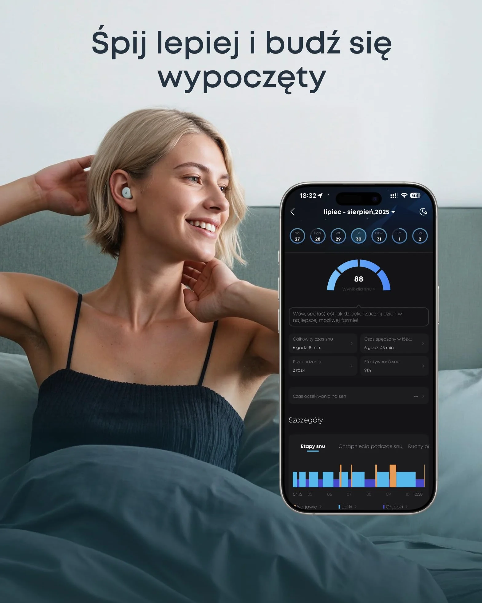 Słuchawki do spania soundcore Sleep A30 (wersja specjalna) Anker, pasywna i aktywna redukcja hałasu, maskowanie chrapania, dźwięki do zasypiania, komfort dla śpiących na boku, 10 godzin odtwarzania