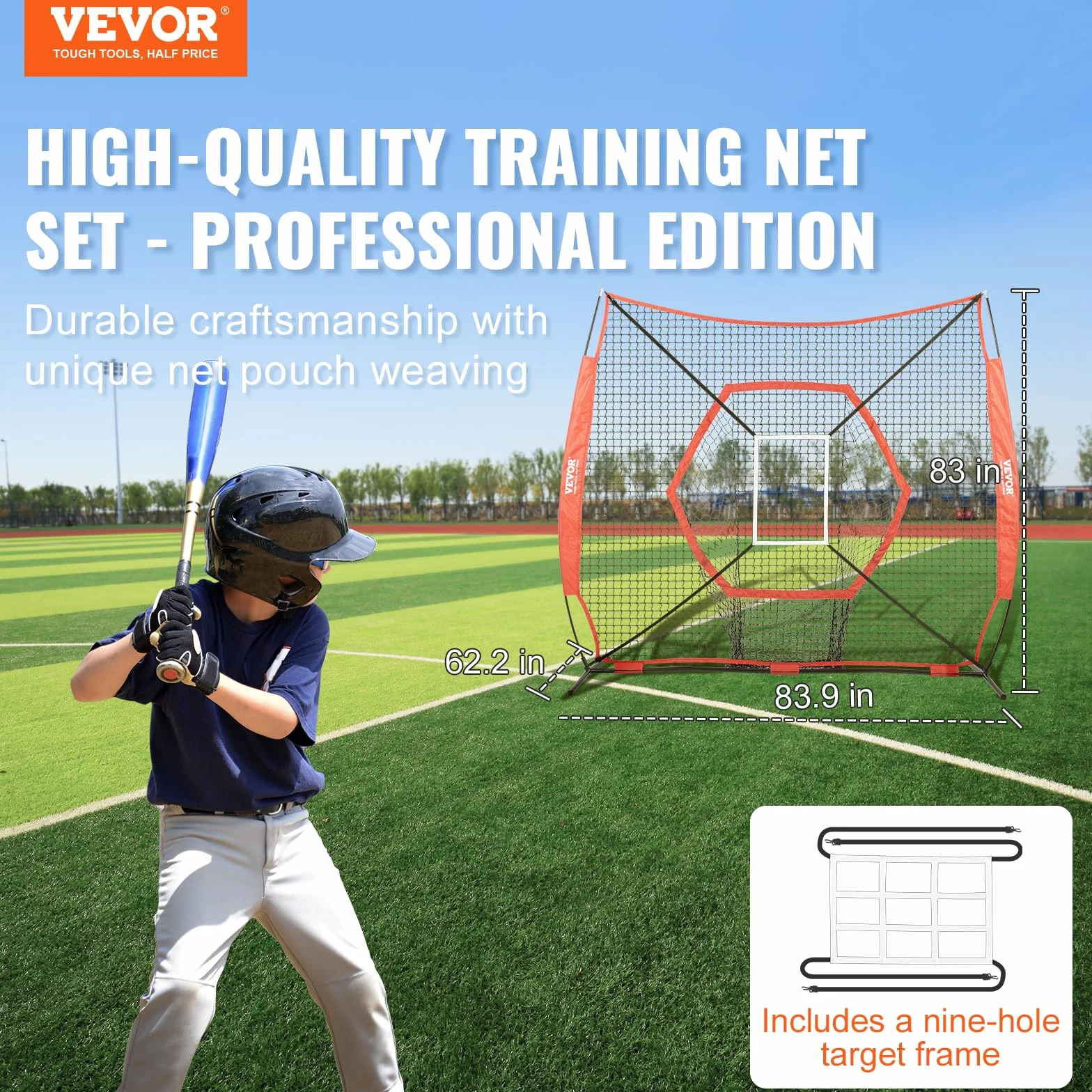 VEVOR 2,1 x 2,1 m siatka treningowa do softballu, przenośna siatka treningowa do uderzania, łapania mrugnięcia, sprzęt baseballowy, pomoce treningowe z ramą kokardową, torbą do przenoszenia i strefą