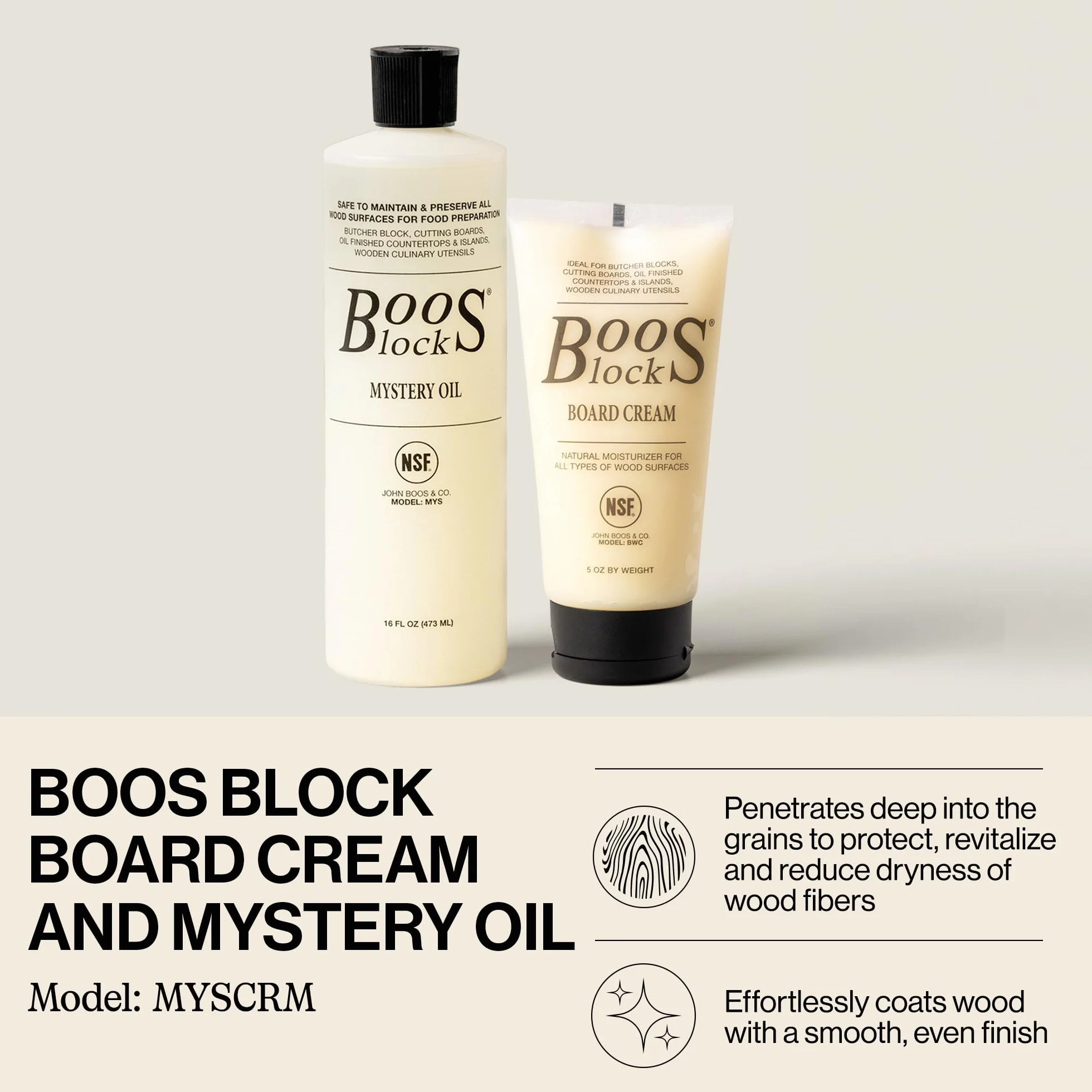 Boos Block s® MYSCRM Mystery Oil olejek pielęgnacyjny i krem do pielęgnacji Board Cream firmy John Boos, butelka 473 ml Mystery Oil (olej do drewna) i 148 ml krem do drewna z woskiem pszczelimm)