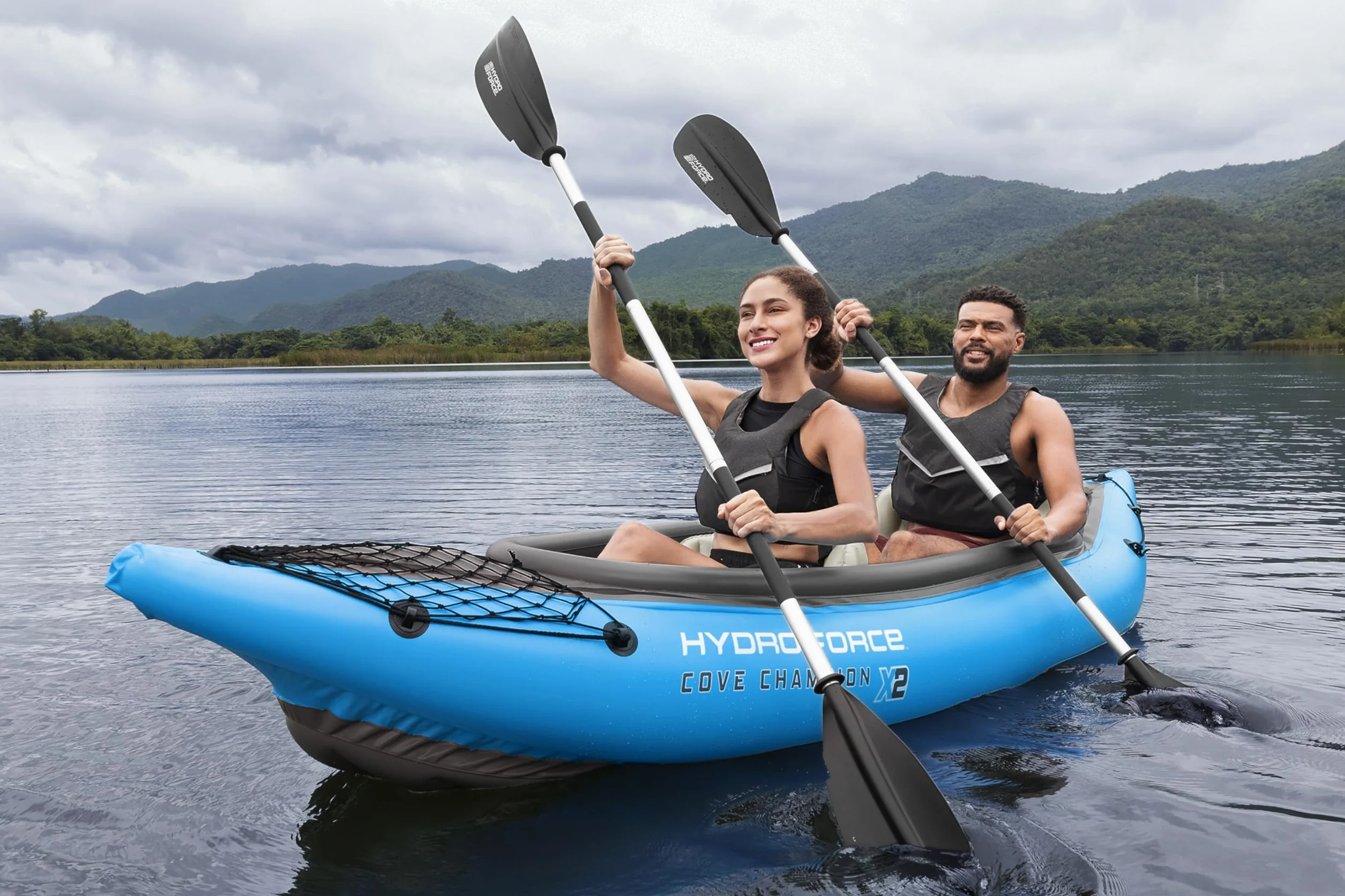 Bestway Hydro-Force Cove Champion X2 Kajak, zestaw nadmuchiwanych łodzi z pompką ręczną, wiosłami, siedzeniami, płetwami i torbą do przechowywania, dwuosobowy