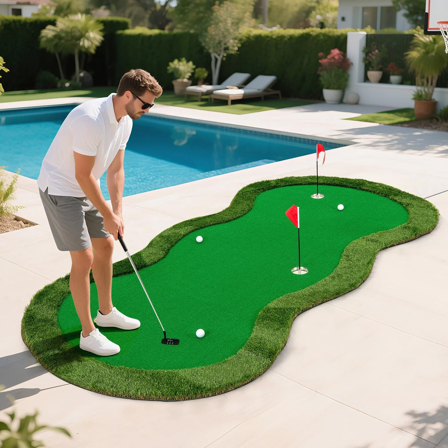COSTWAY mata do ćwiczeń golfowych 300x150 cm 3 otwory z piłkami