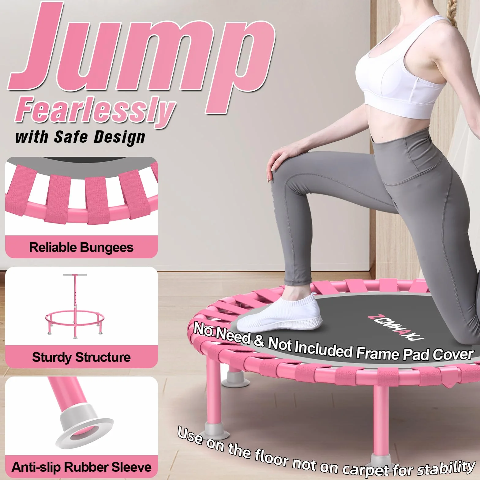 ZCMHAXJ 40-calowa mini trampolina dla dorosłych, wewnętrzna trampolina fitness, nośność 200 kg, cicha aerobiczna trampolina odbijająca