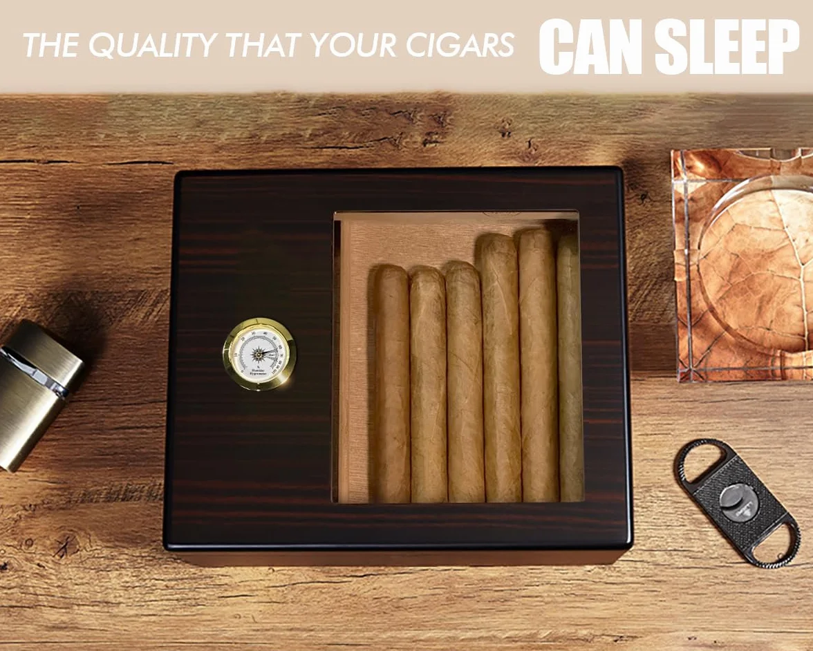 Slege Humidor cygara,pudełko cygara kubańskie cygara,szklany górny nawilżacz hiszpańskie cedrowe cygara,pojedyncza warstwa, nawilżacz powietrza,przegroda, higrometr,akcesoria cygar dla mężczyzn