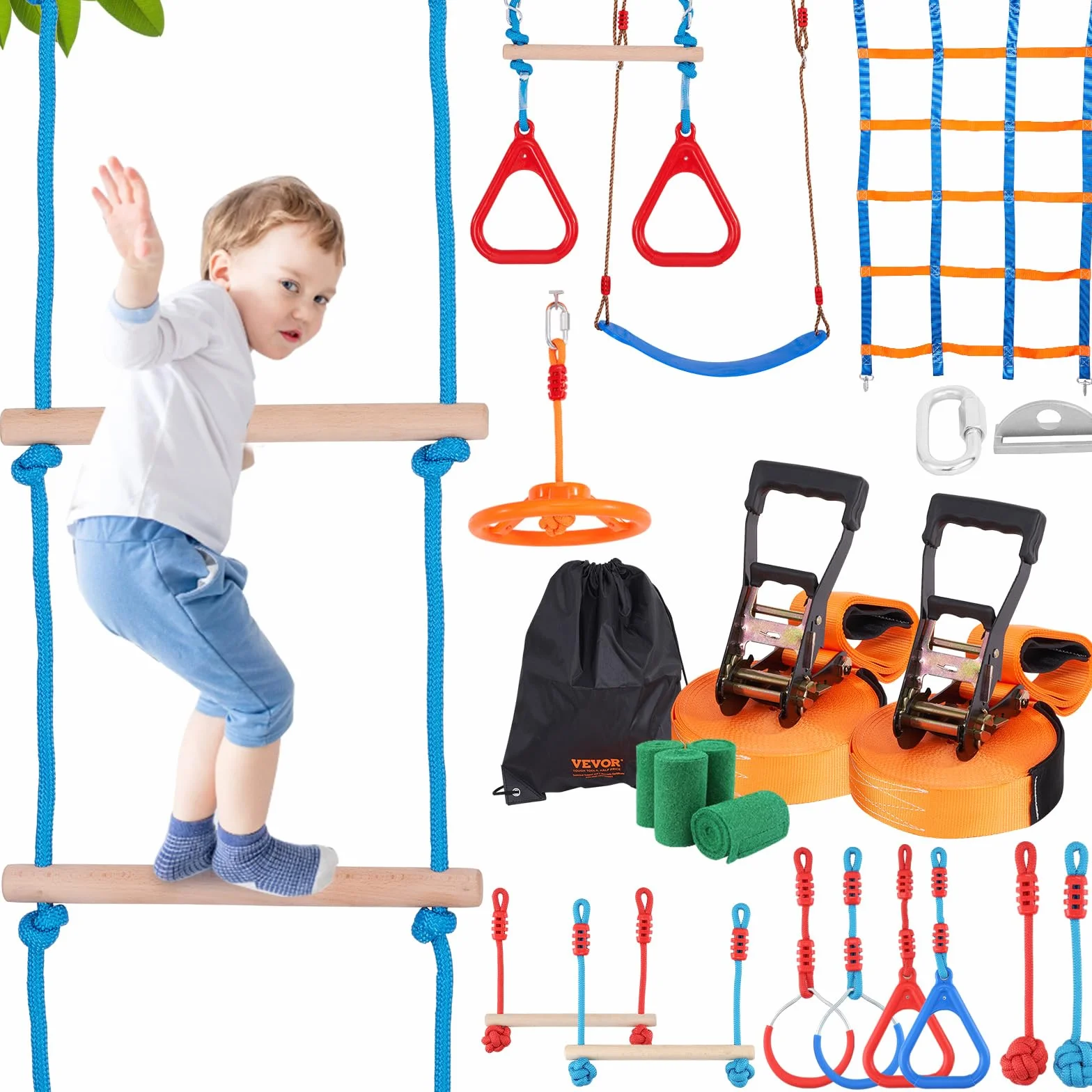 VEVOR Ninja Slackline zestaw przeszkód 2 x 18,29 m, udźwig 226,8 kg, tor przeszkód