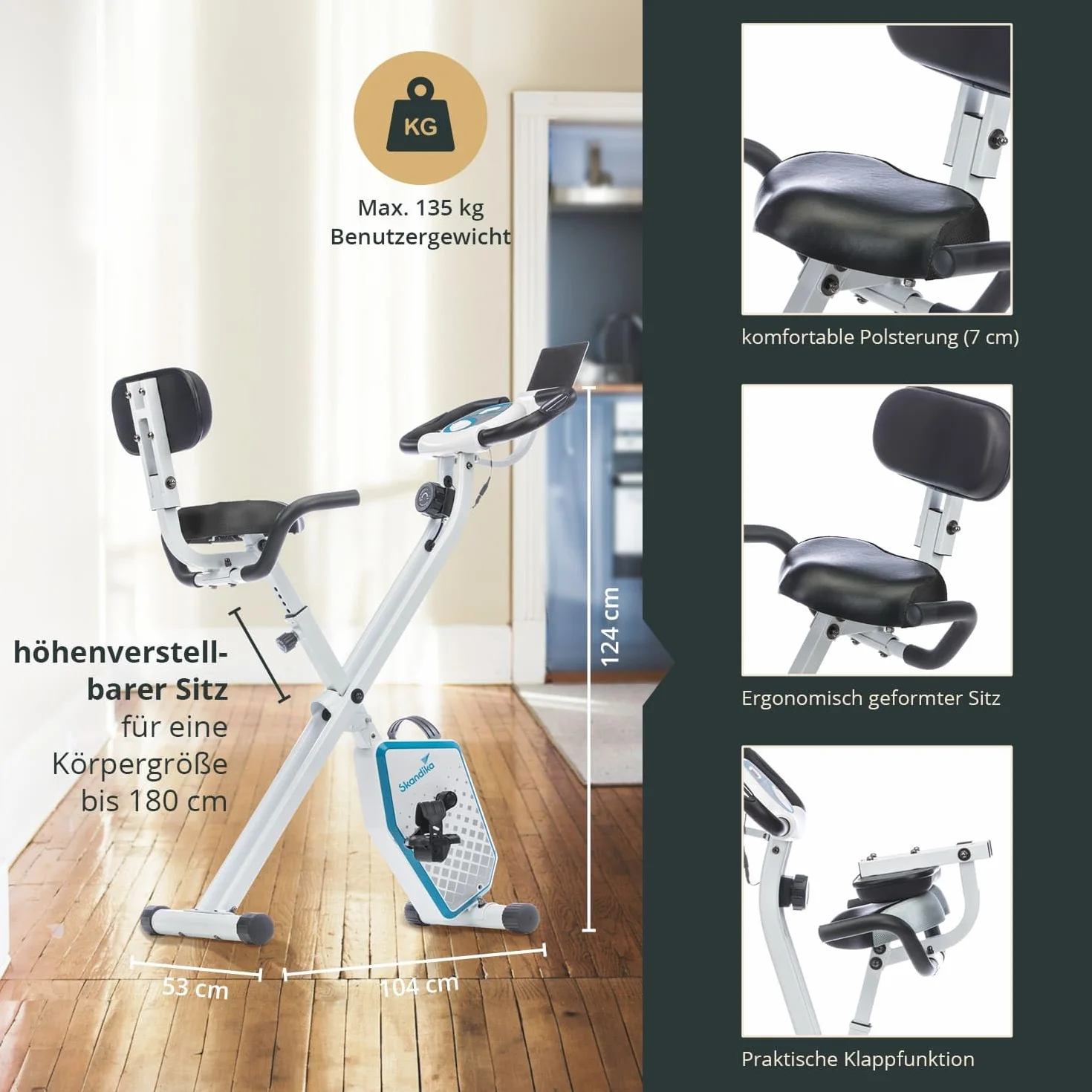 skandika Foldaway X-1000 PLUS rower treningowy X-Bike z czujnikami pulsu ręcznego, komputer, uchwyt na tablet, oparcie