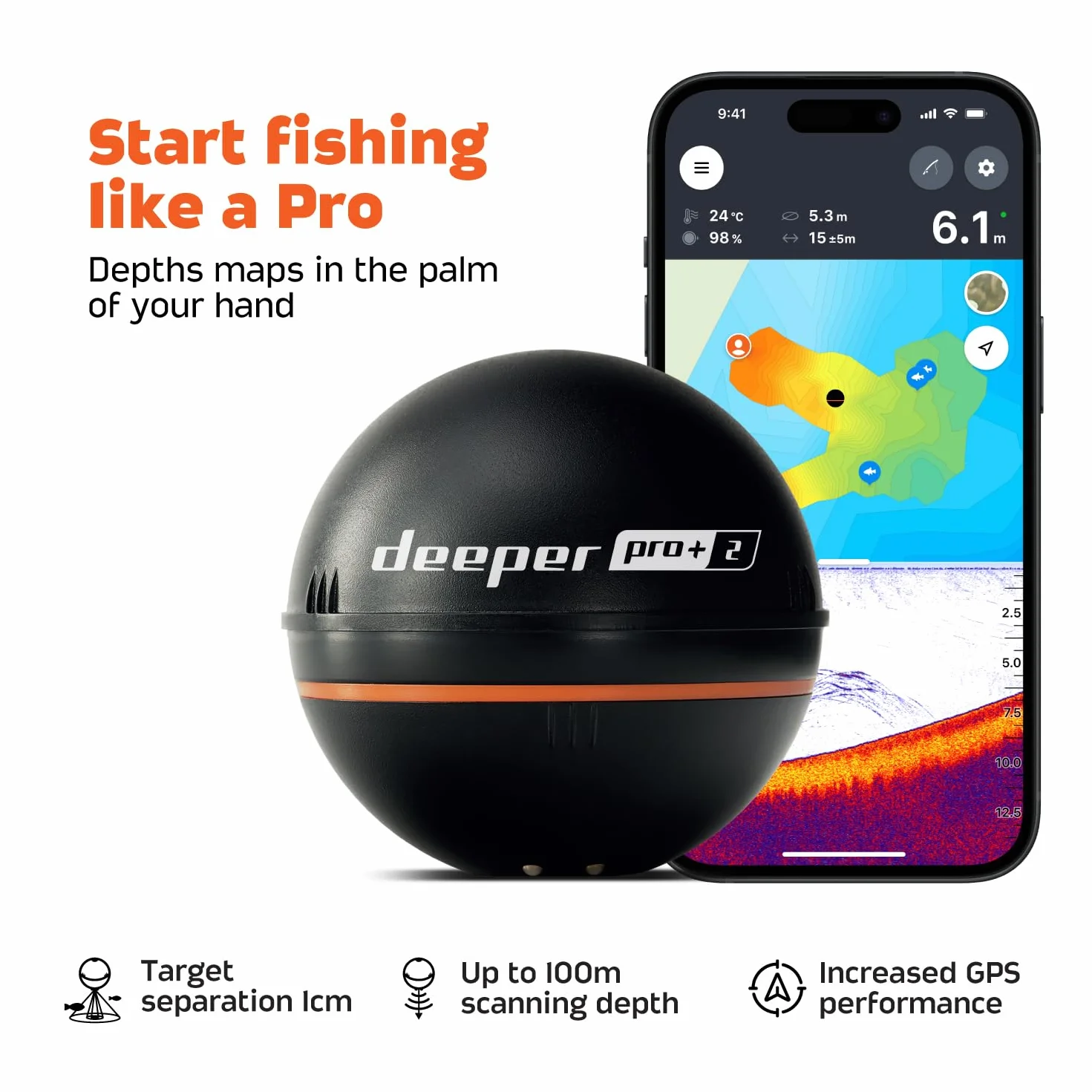 Deeper Smart Sonar Pro+ 2 echosonda echosonda – z miernikiem głębokości i nadajnikiem GPS | wędkowanie w kajaku, łodzi lub podczas łowienia ryb na lodzie | z bezpłatną aplikacją