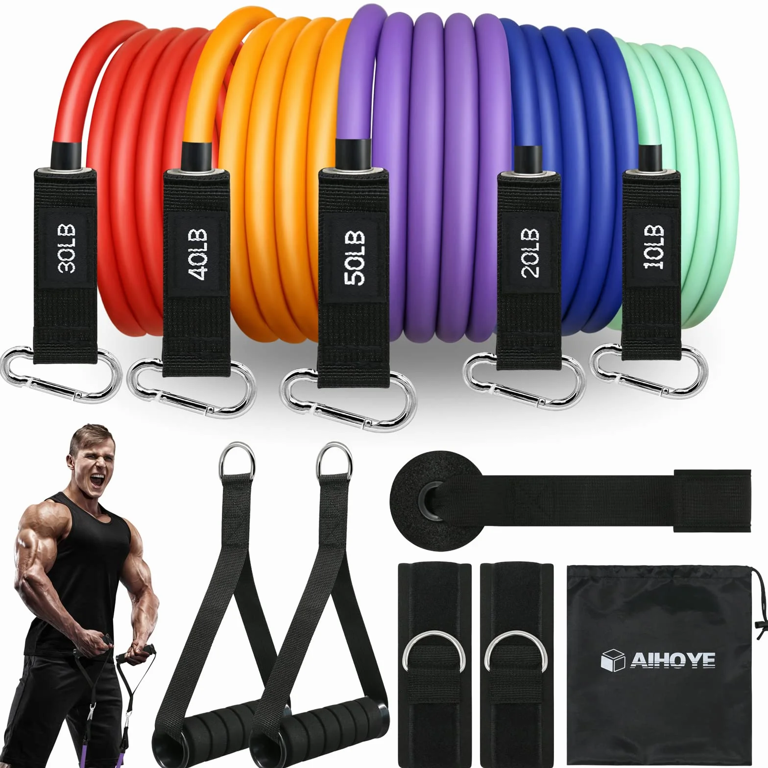 Aihoye Taśmy oporowe do ćwiczeń, zestaw taśm oporowych, opaski fitness, taśmy stretchowe do ćwiczeń, taśmy oporowe, do drzwi, do ćwiczeń
