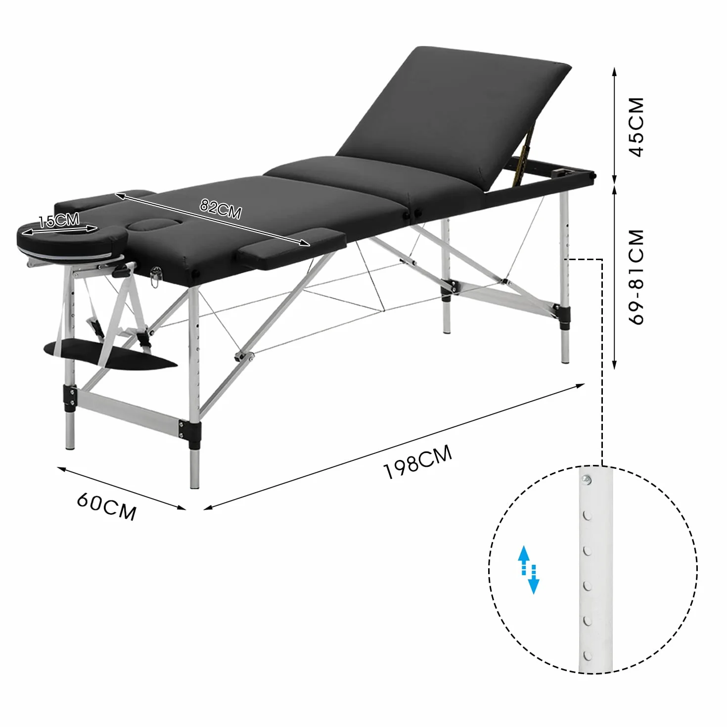 Meerveil Stół do masażu, przenośne składane łóżko terapeutyczne, lekkie, 3/2 strefy z regulacją wysokości, z torbą do przenoszenia, aluminiowe nóżki (czarny)