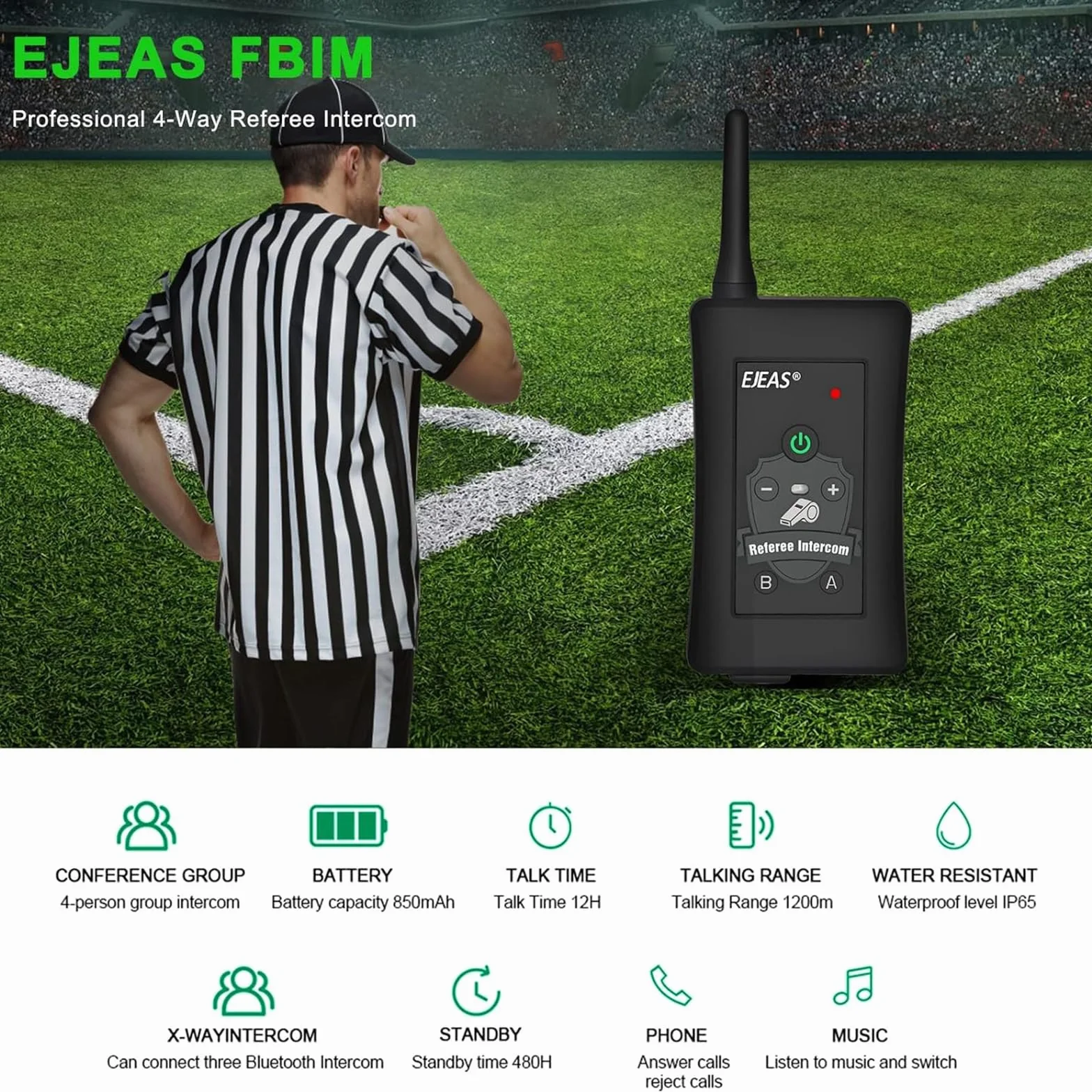 EJEAS FBIM profesjonalny sędzia piłkarski, interkom Bluetooth, system komunikacji, 1500 m, interkom online dla 4 osób, redukcja szumów CVC, z kieszenią na ramię (2 sztuki)
