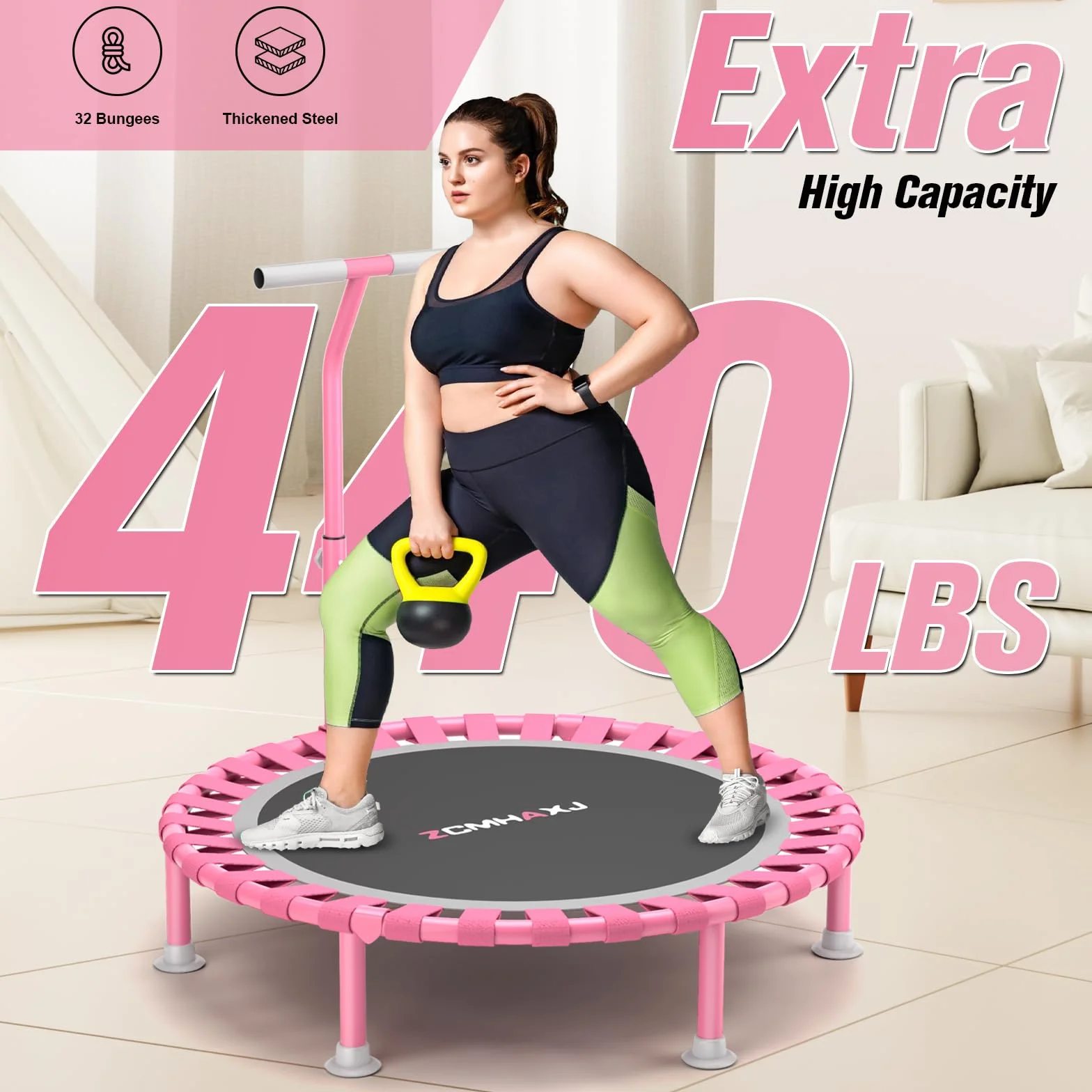 ZCMHAXJ 40-calowa mini trampolina dla dorosłych, wewnętrzna trampolina fitness, nośność 200 kg, cicha aerobiczna trampolina odbijająca