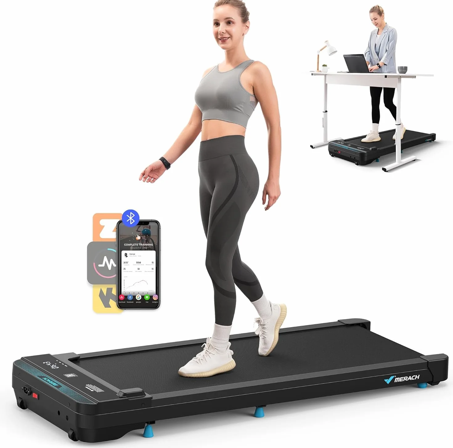 MERACH Walking Pad z nachyleniem 5%, bieżnia 3.0KM do domu, bieżnia biurkowa 2-6km/h, bieżnia do domu i biura, zdalne sterowanie, obciążenie do 136kg, wyświetlacz LED, APP