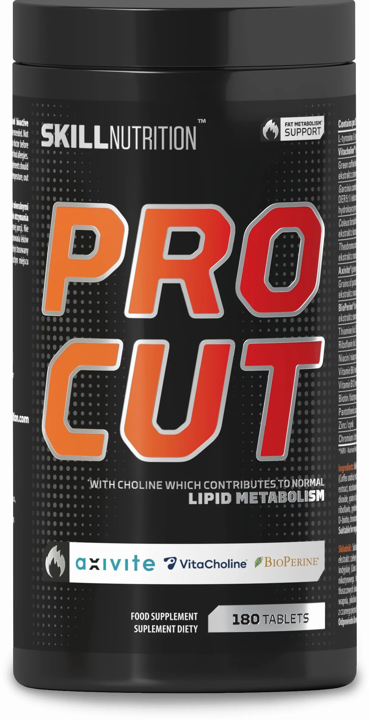 Skill Nutrition Pro Cut | 180 tabletek | Zaawansowana formuła wspomagająca spalanie tłuszczu | Ekstrakt z zielonej herbaty | L-karnityna | CLA | BioPerine® | Wsparcie metabolizmu i energii