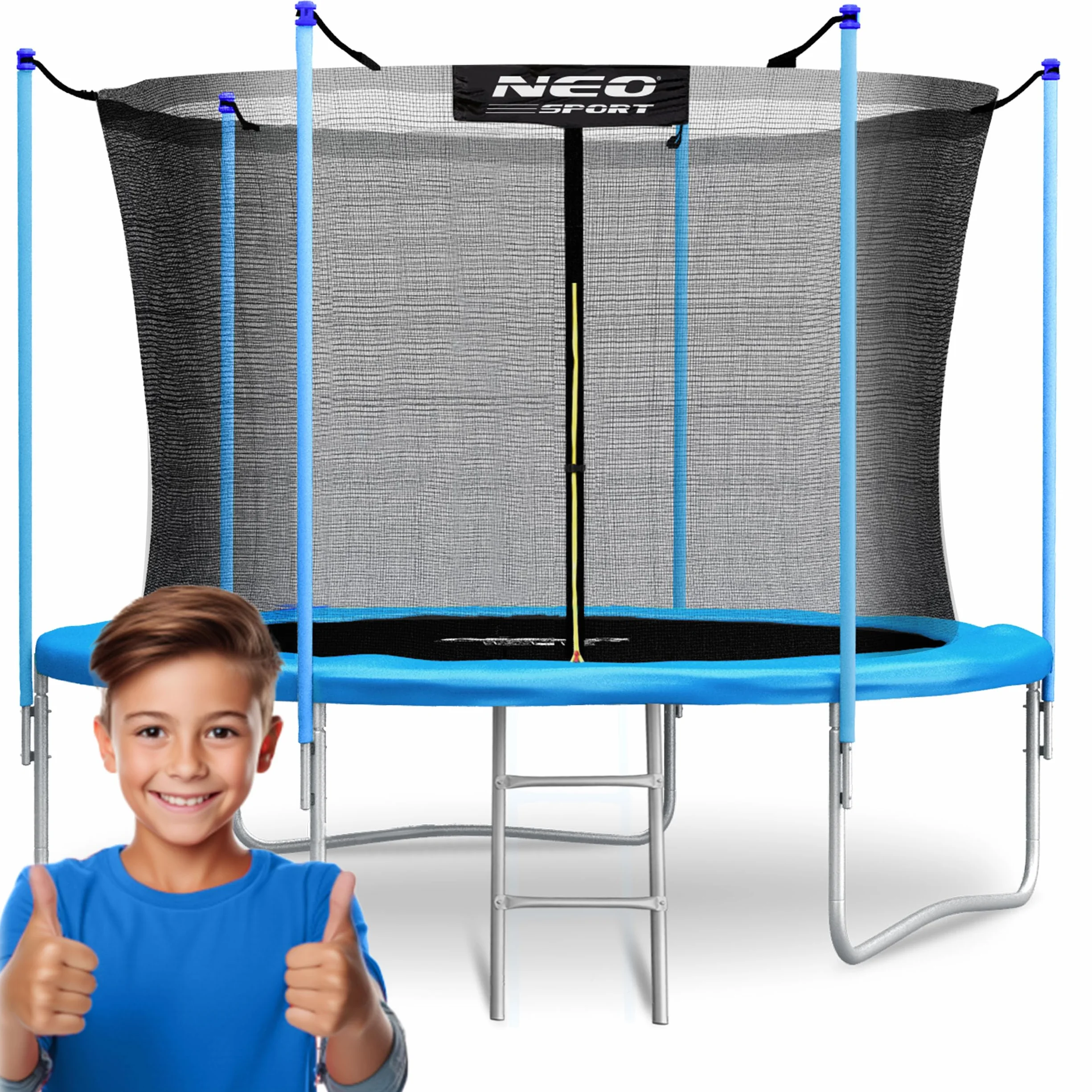 Neo-Sport Trampolina Ogrodowa Trampolina Dla Dzieci Z Siatką Wewnętrzną i Drabinką 252 cm 8 ft Niebieski Czarny