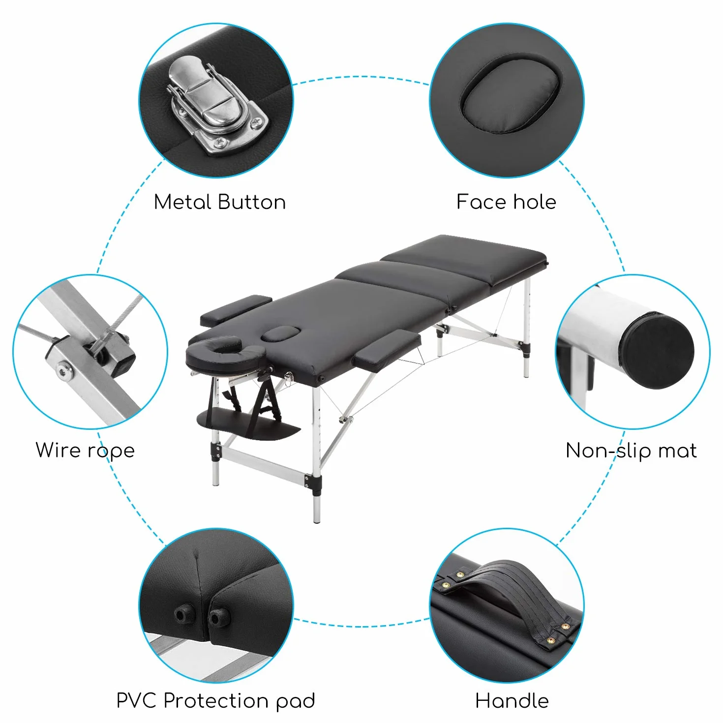 Meerveil Stół do masażu, przenośne składane łóżko terapeutyczne, lekkie, 3/2 strefy z regulacją wysokości, z torbą do przenoszenia, aluminiowe nóżki (czarny)