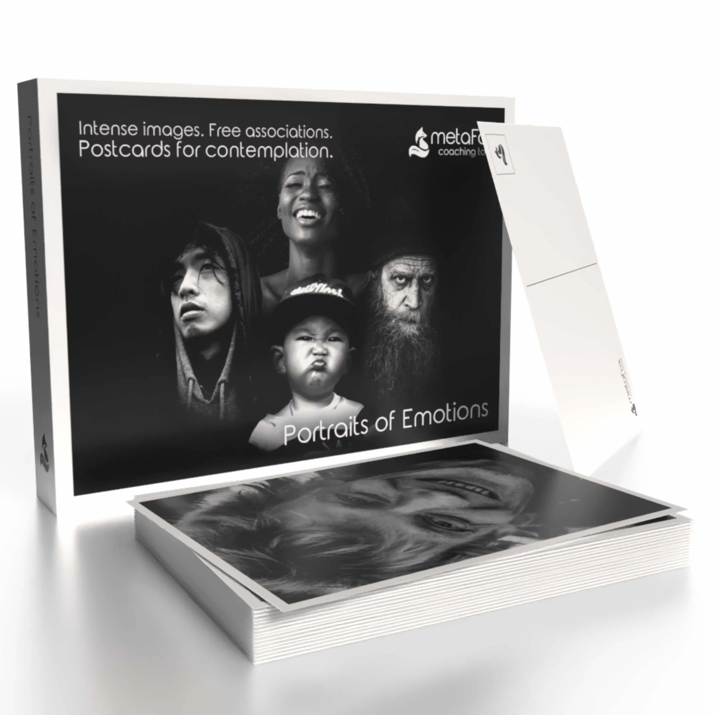 metaFox Deep Pictures "Portrety of Emotions" – 52 czarno-białe karty coachingowe dla emocjonalnego świadomości, narzędzia terapeutyczne dla nastolatków i dorosłych, Visual Reflection Deck for