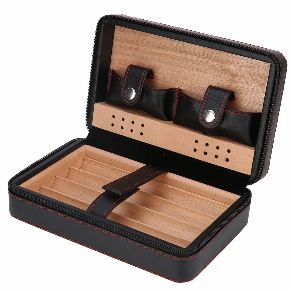 Ręcznie wykonany humidor do cygar, przenośny, skórzany humidor cedrowy, zestaw do cygar na krótkie wycieczki, drewno cedrowe, etui na cygara, humidor na 4 cygara, akcesoria do cygar