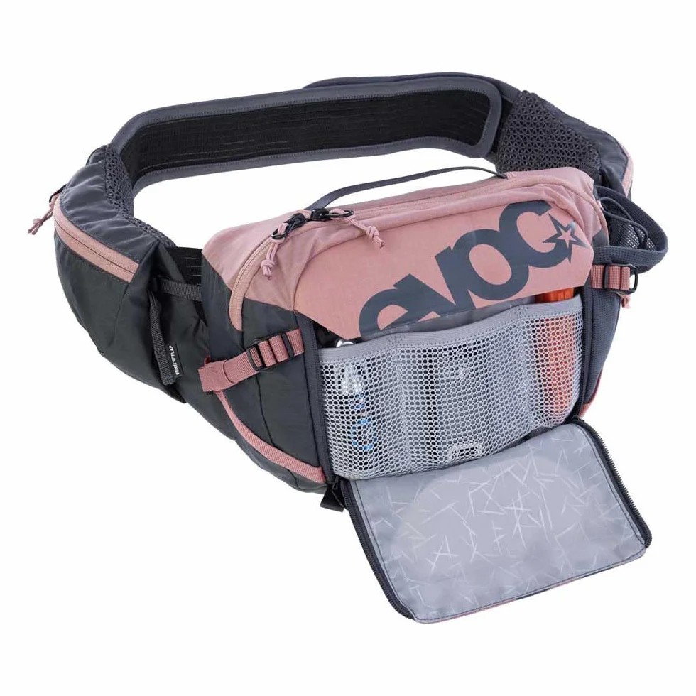 EVOC HIP PACK PRO 3 + HYDRATION BLADDER 1.5, saszetka biodrowa (AIR FLOW CONTACT SYSTEM, pas biodrowy AERO FLEX, w tym 1,5l bukłak i uchwyt na butelkę, One Size), Dusty Pink - Carbon Grey