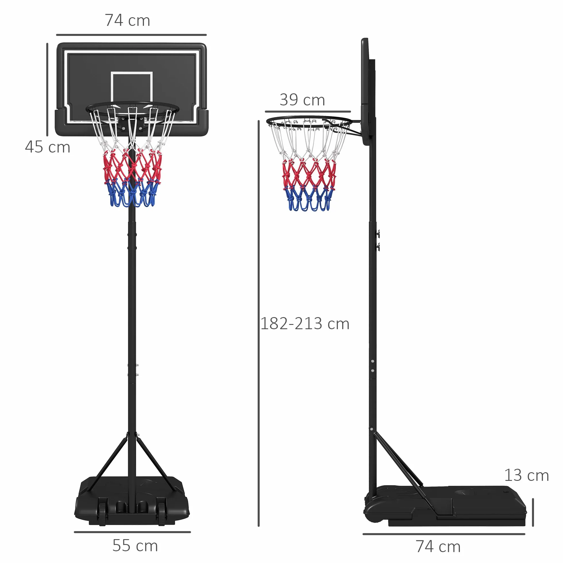 SPORTNOW Kosz do koszykówki ze stojakiem, 220-250 cm, stal, odporną na pękanie tylną ścianką